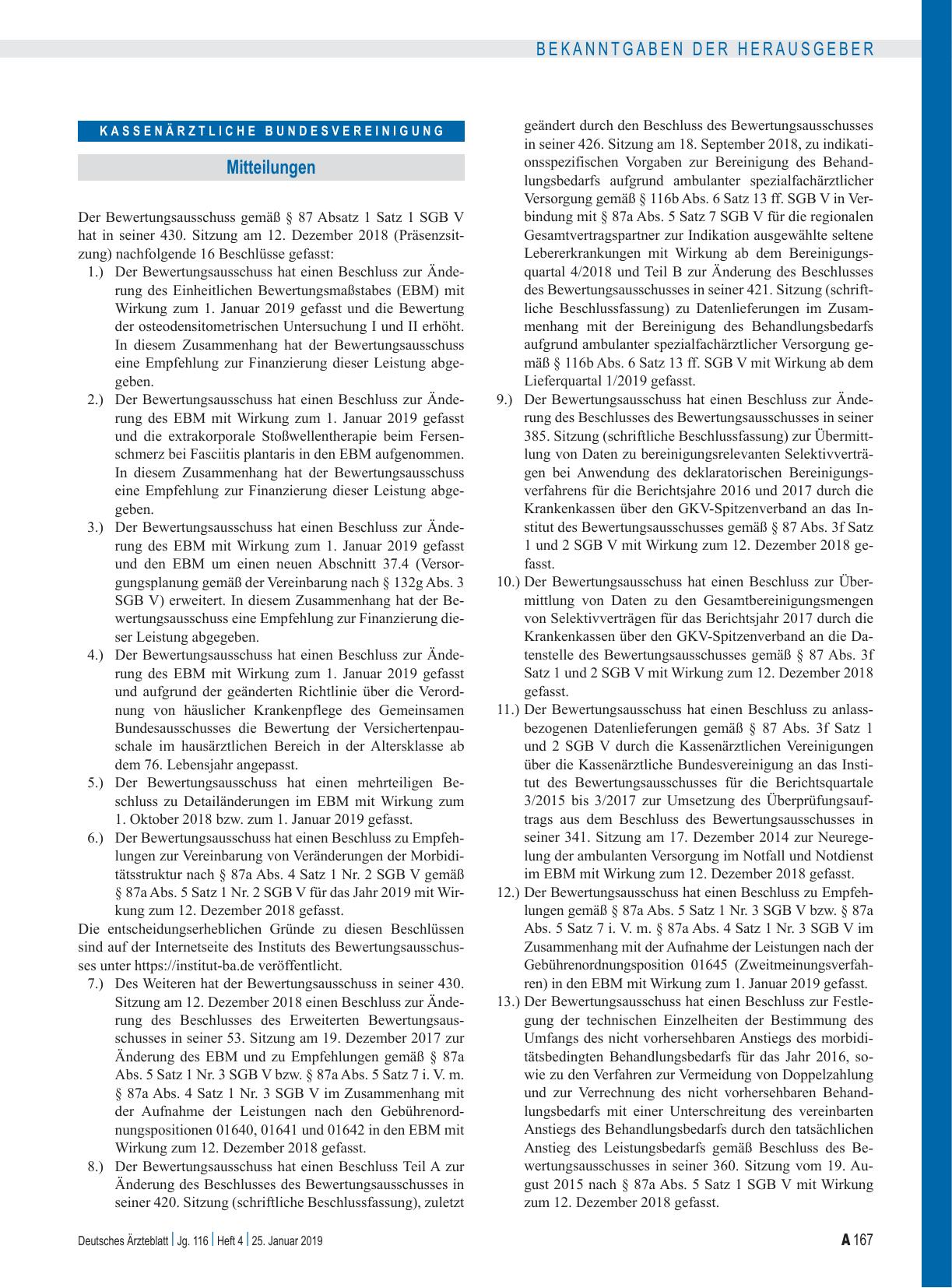 Vorschauseite 1: Beschluss des Bewertungsausschusses nach § 87 Abs. 1 Satz 1 SGB V in seiner 430. Sitzung am 12. Dezember 2018: Teil A, Teil B