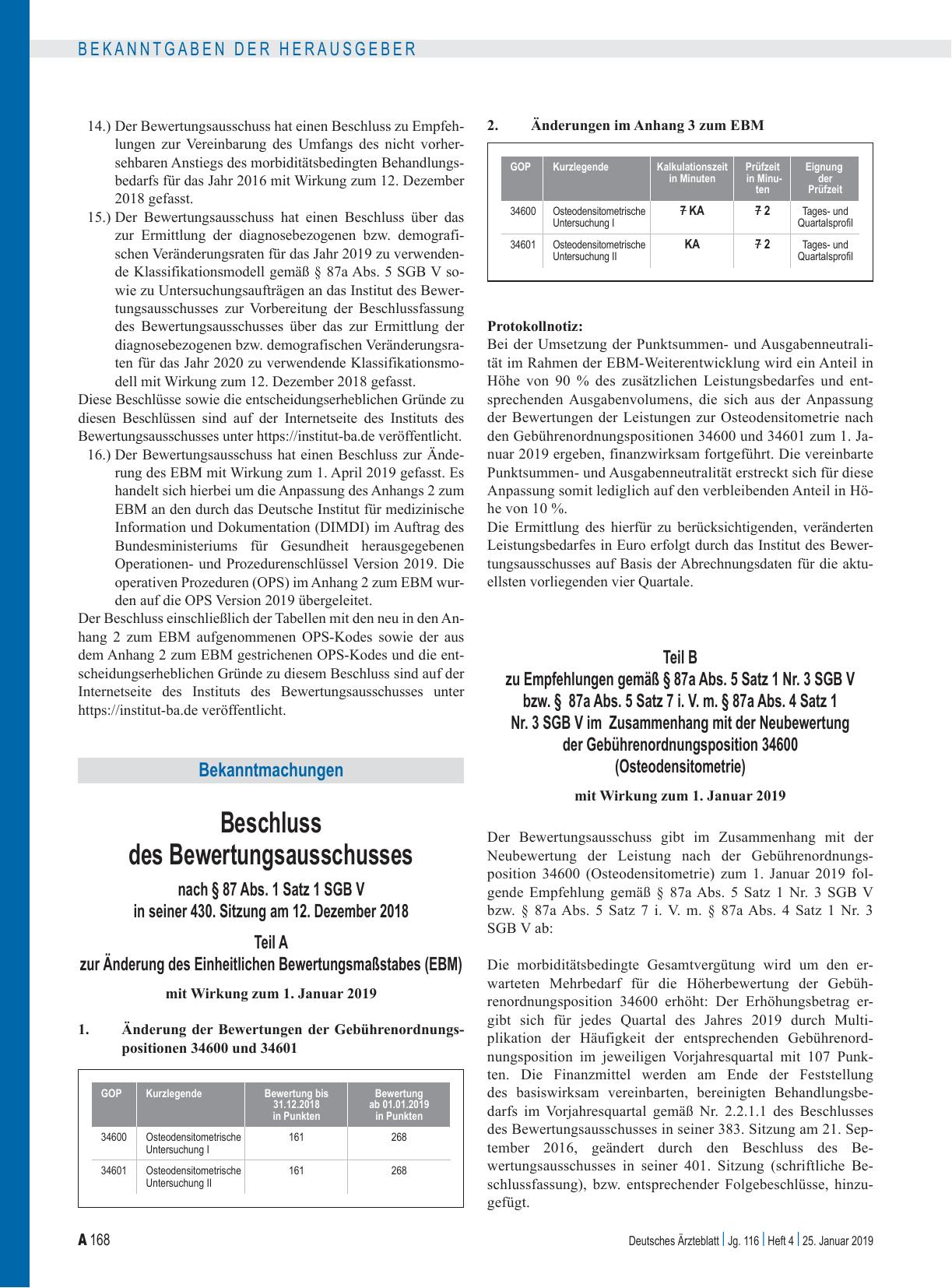 Vorschauseite 2: Beschluss des Bewertungsausschusses nach § 87 Abs. 1 Satz 1 SGB V in seiner 430. Sitzung am 12. Dezember 2018: Teil A, Teil B