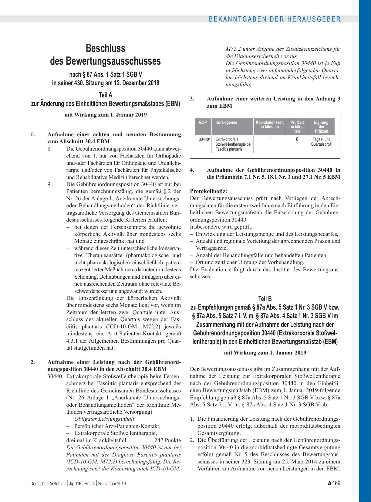 Vorschauseite 3: Beschluss des Bewertungsausschusses nach § 87 Abs. 1 Satz 1 SGB V in seiner 430. Sitzung am 12. Dezember 2018: Teil A, Teil B