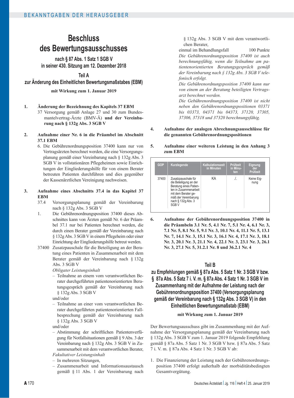 Vorschauseite 4: Beschluss des Bewertungsausschusses nach § 87 Abs. 1 Satz 1 SGB V in seiner 430. Sitzung am 12. Dezember 2018: Teil A, Teil B