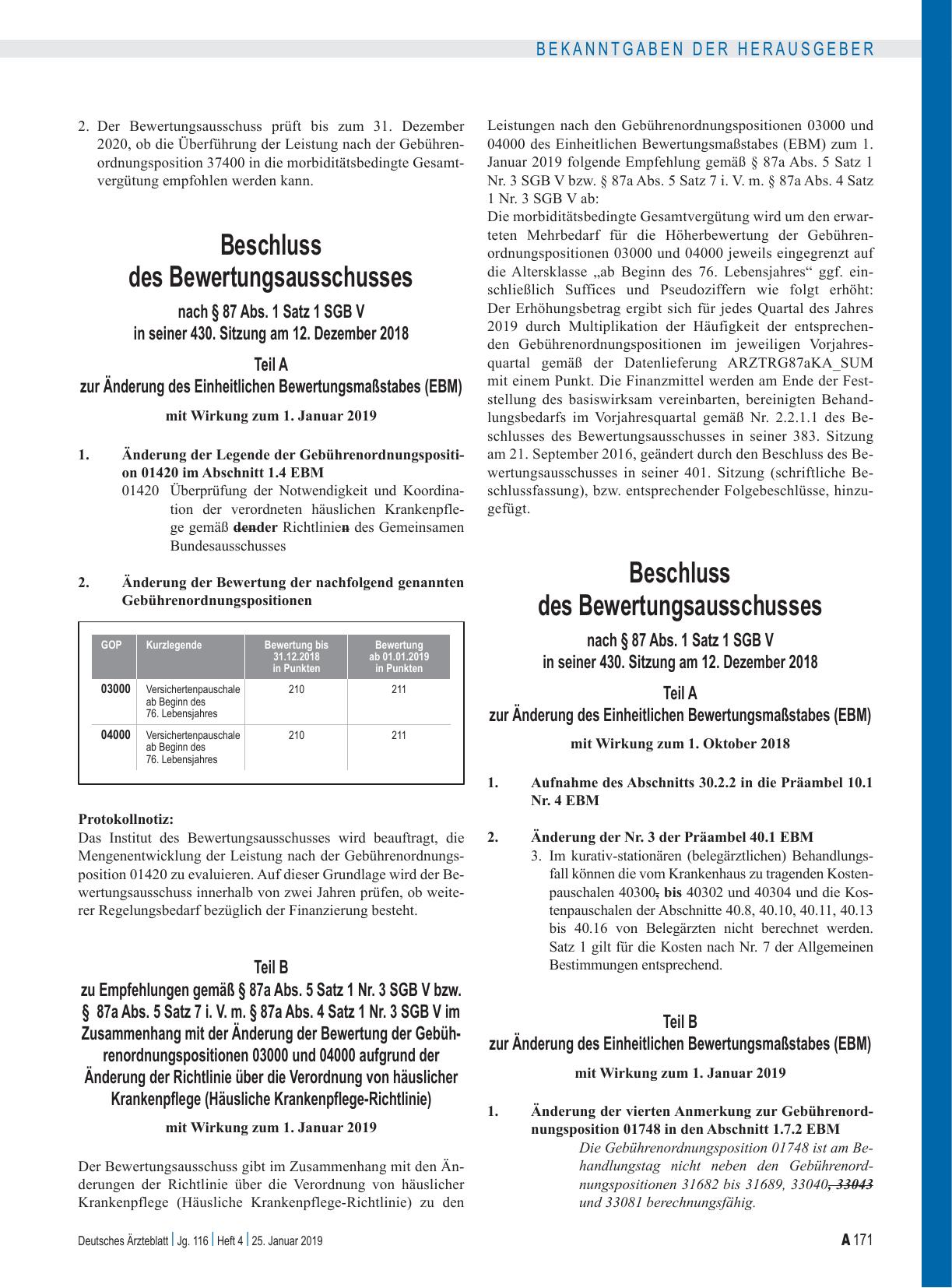 Vorschauseite 5: Beschluss des Bewertungsausschusses nach § 87 Abs. 1 Satz 1 SGB V in seiner 430. Sitzung am 12. Dezember 2018: Teil A, Teil B