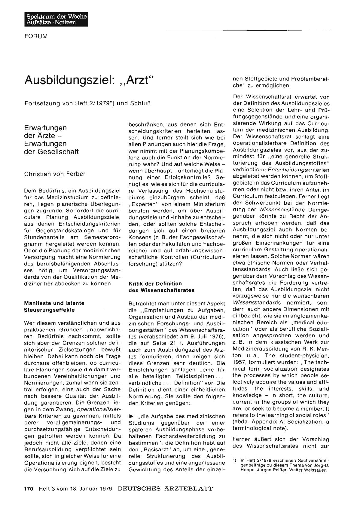 Vorschauseite 1: Ausbildungsziel: „Arzt“: Erwartungen der Ärzte — Erwartungen der Gesellschaft