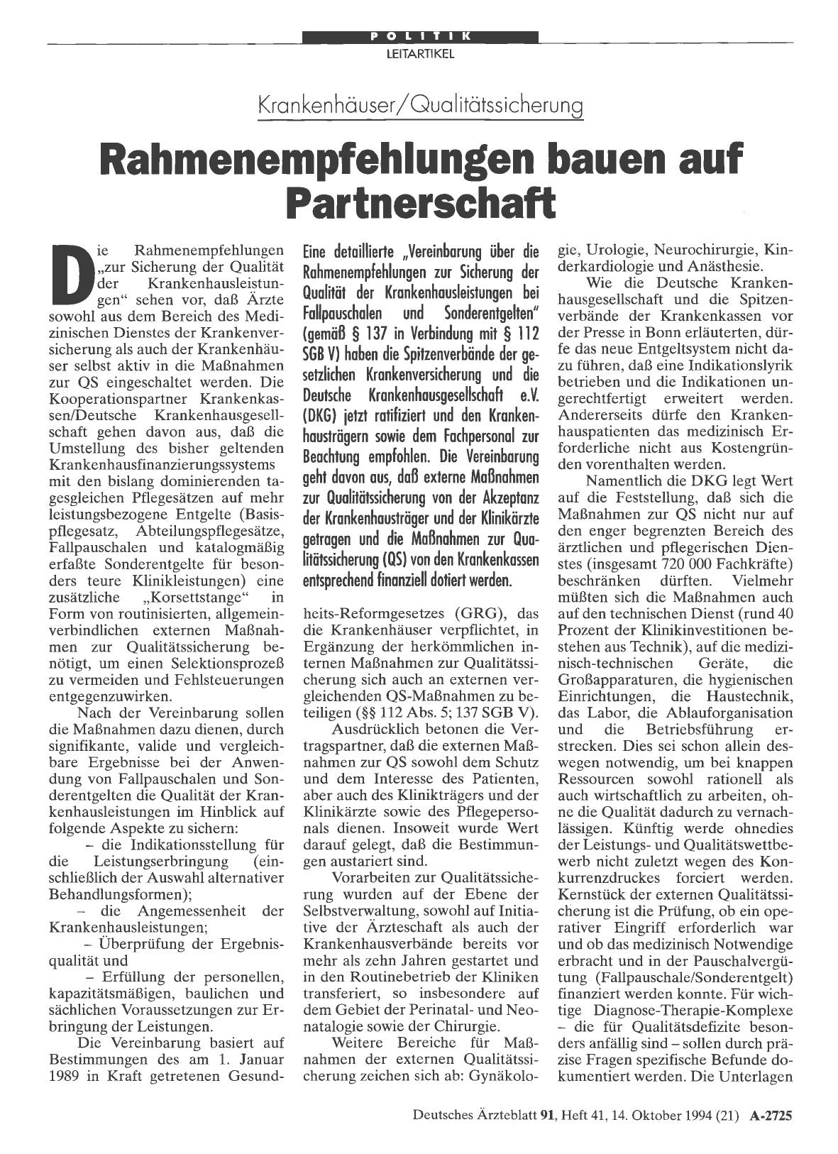 Vorschauseite 1: Krankenhäuser/ Qualitätssicherung: Rahmenempfehlungen bauen auf Partnerschaft