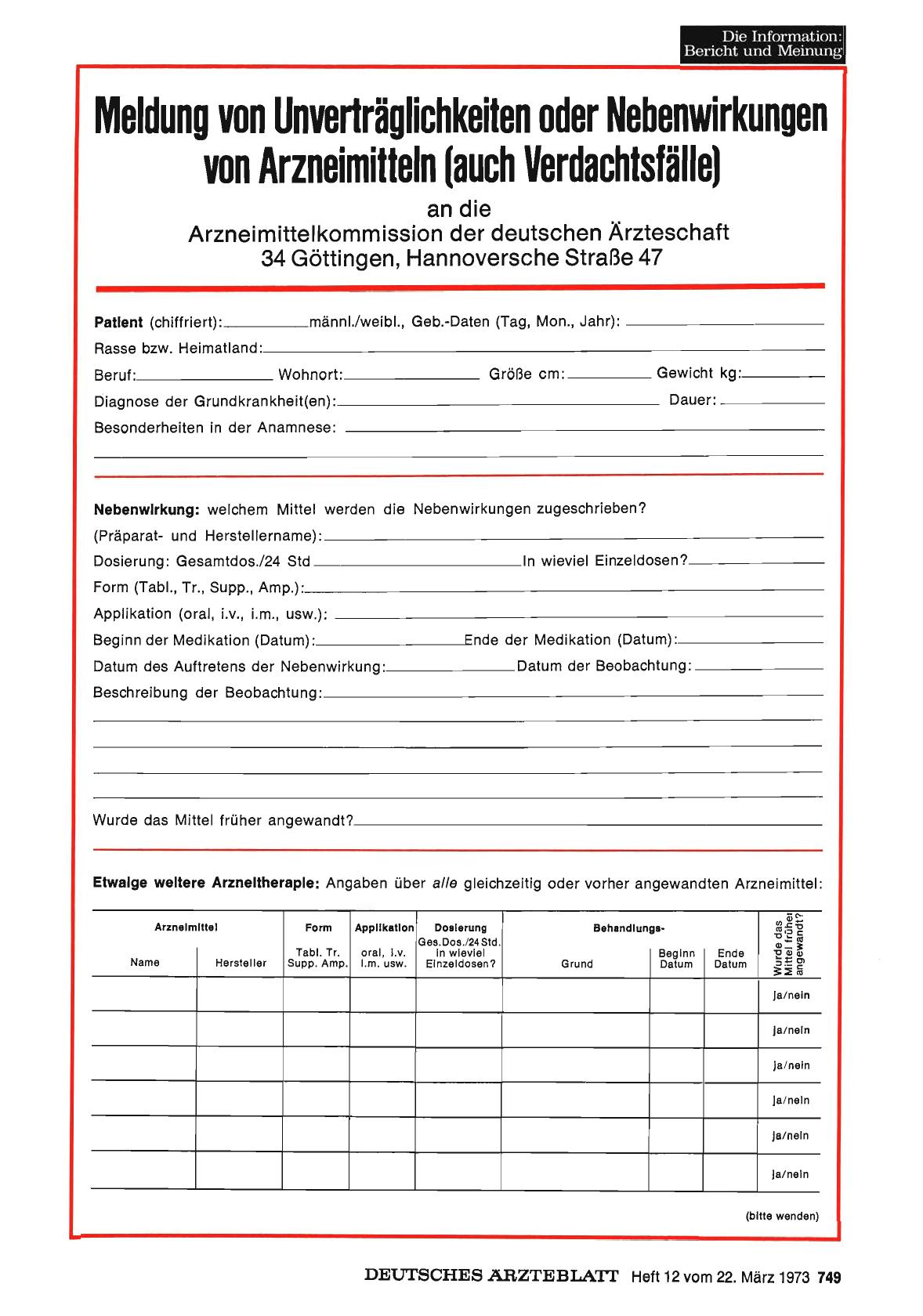 Vorschauseite 1: Meldung von Unverträglichkeiten oder Nebenwirkungen von Arzneimitteln