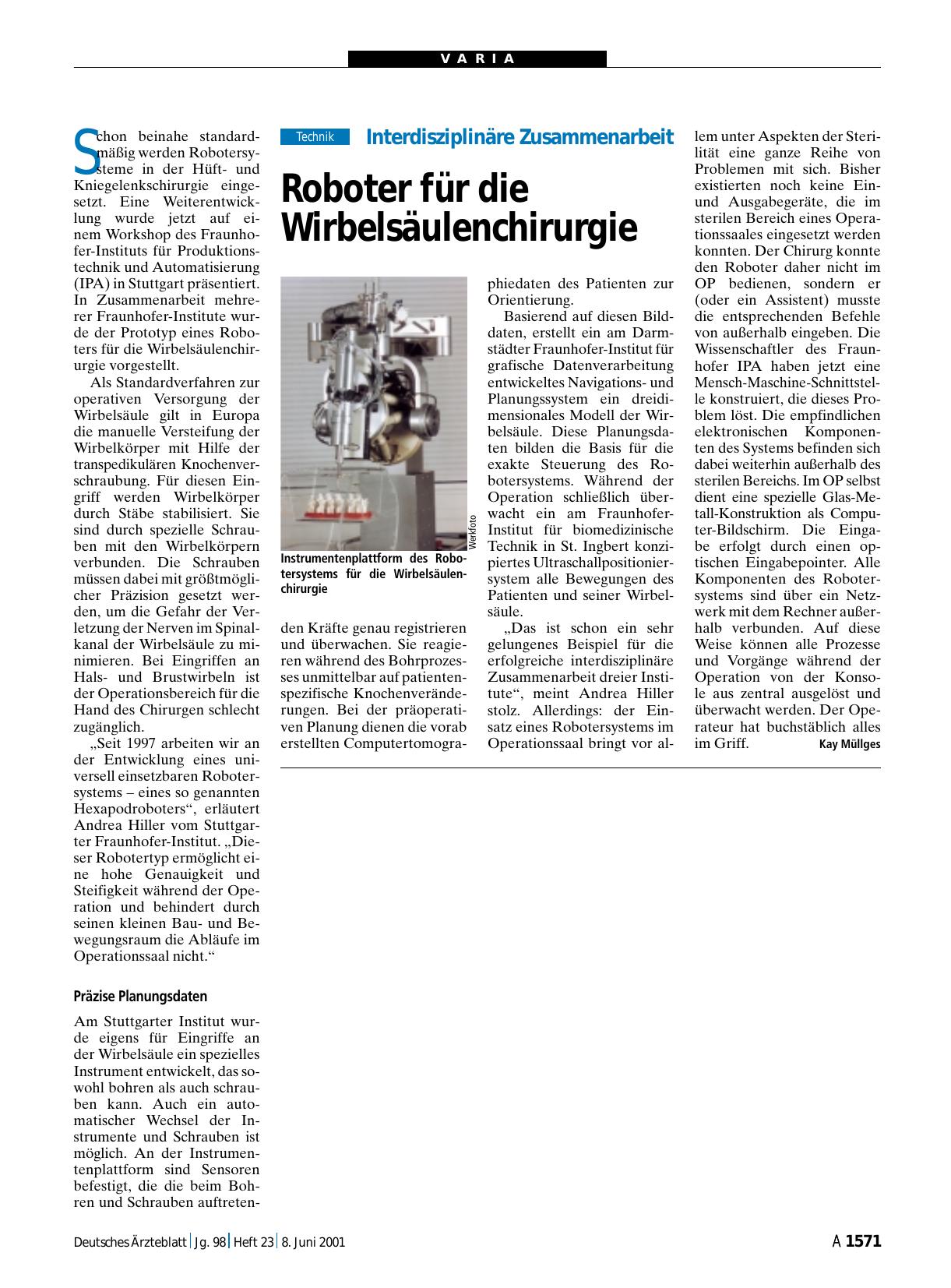 Vorschauseite 1: Interdisziplinäre Zusammenarbeit: Roboter für die Wirbelsäulenchirurgie