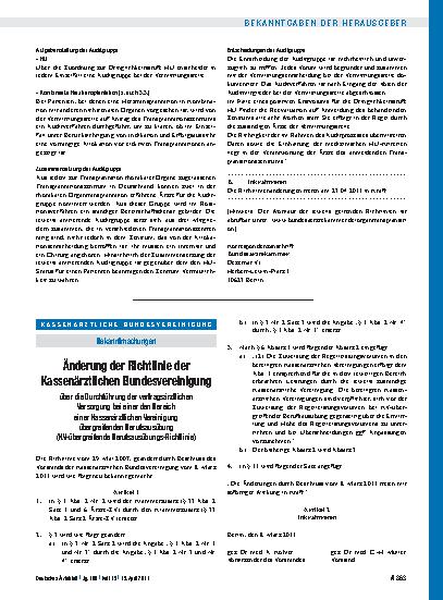 Vorschauseite 1: Änderung der Richtlinie der Kassenärztlichen Bundesvereinigung über die Durchführung der vertragsärztlichen Versorgung bei einer den Bereich einer Kassenärztlichen Vereinigung übe…