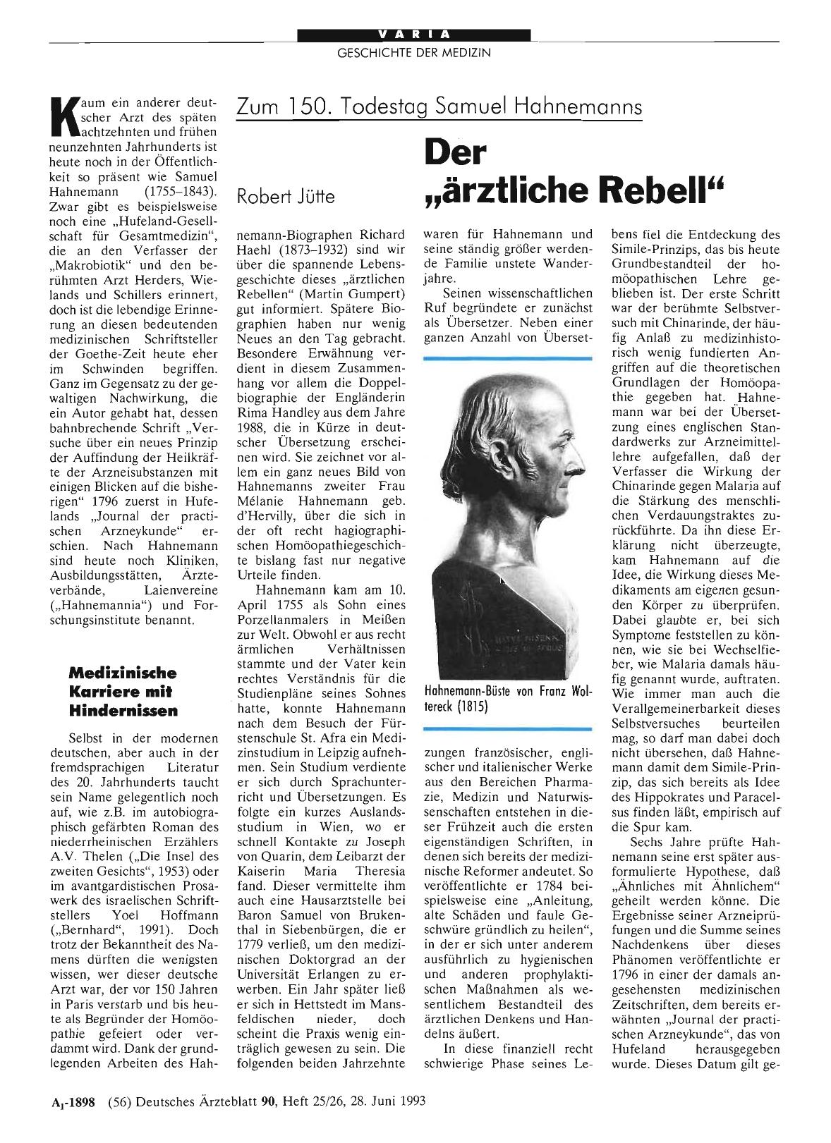Vorschauseite 1: Zum 150. Todestag Samuel Hahnemanns Der „ärztliche Rebell“