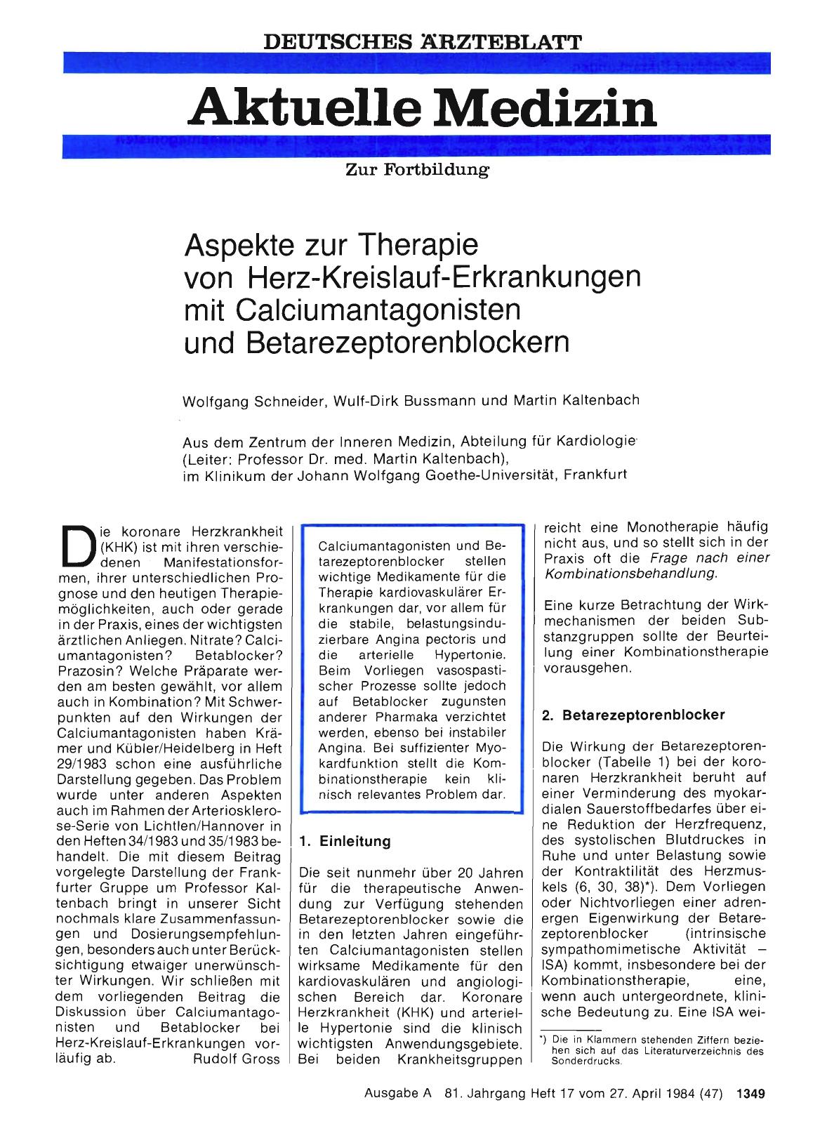 Vorschauseite 1: Aspekte zur Therapie von Herz-Kreislauf-Erkrankungen mit Calciumantagonisten und Betarezeptorenblockern