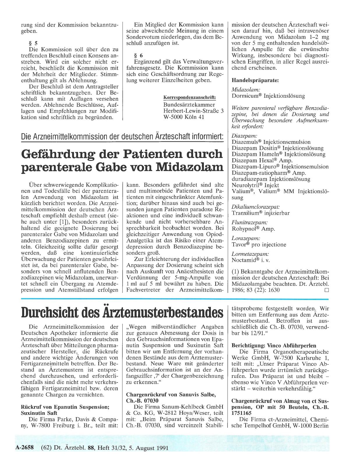 Vorschauseite 1: Die Arzneimittelkommission der deutschen Ärzteschaft informiert: Gefährdung der Patienten durch parenterale Gabe von Midazolam
