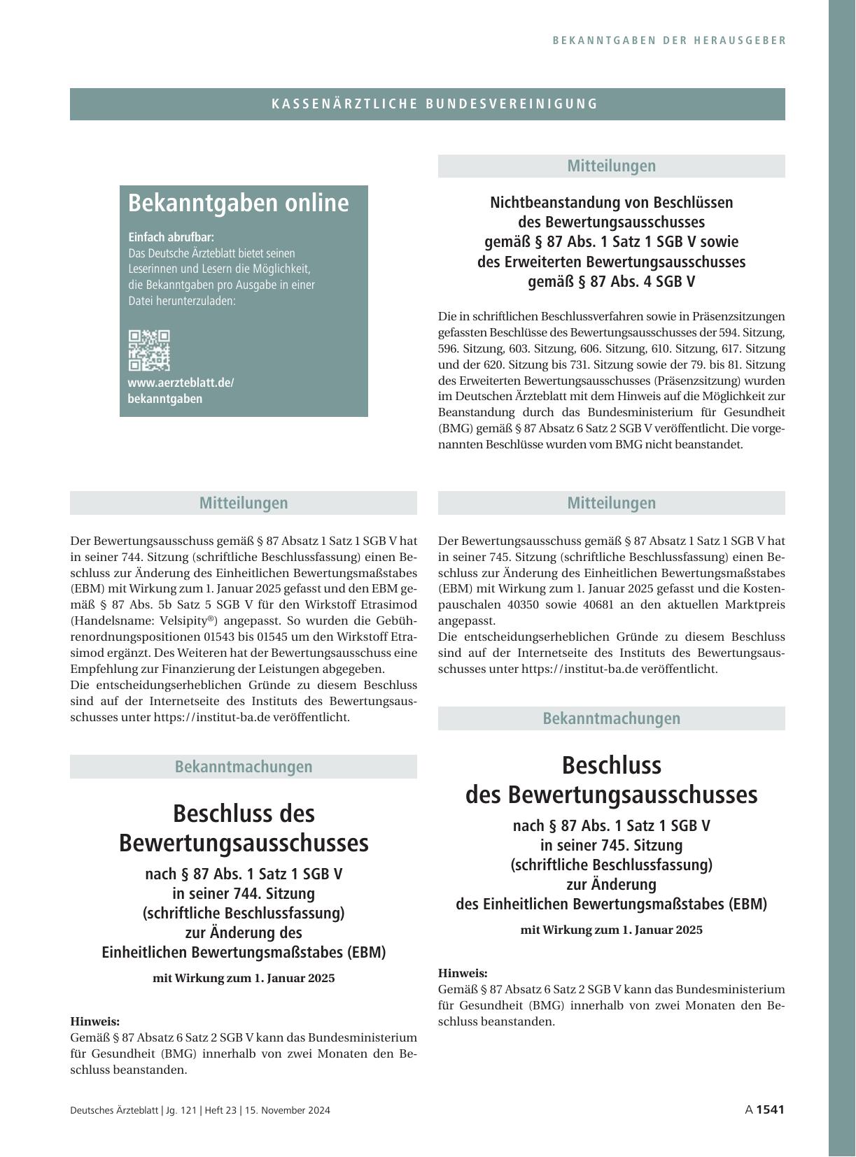Vorschauseite 1: Nichtbeanstandung von Beschlüssen des Bewertungsausschusses gemäß § 87 Abs. 1 Satz 1 SGB V sowie des Erweiterten Bewertungsausschusses gemäß § 87 Abs. 4 SGB V