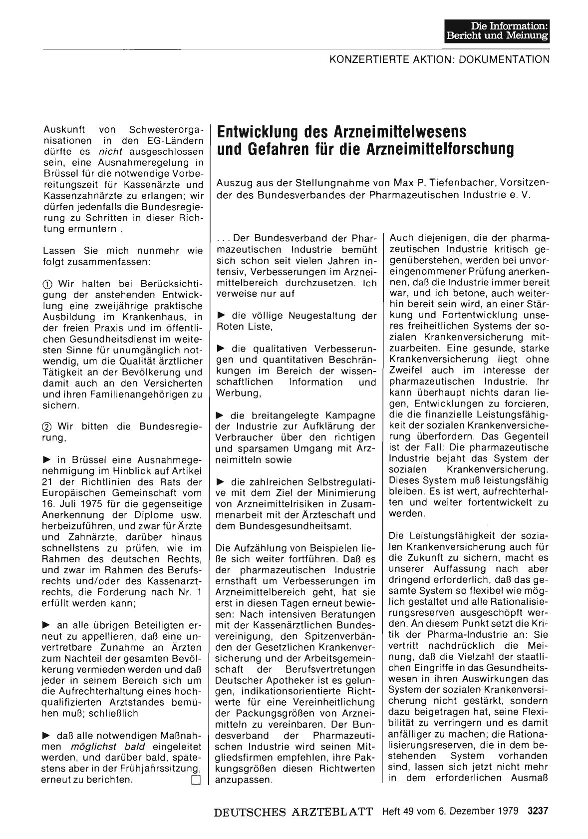 Vorschauseite 1: KONZERTIERTE AKTION: DOKUMENTATION: Entwicklung des Arzneimittelwesens und Gefahren für die Arzneimittelforschung - Auszug aus der Stellungnahme von Max P. Tiefenbacher, Vorsitzen…