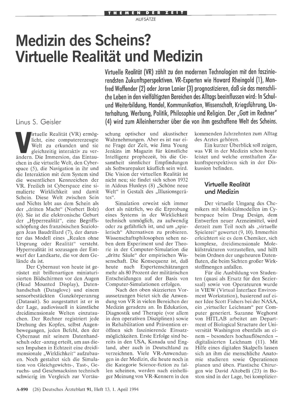 Vorschauseite 1: Medizin des Scheins? Virtuelle Realität und Medizin