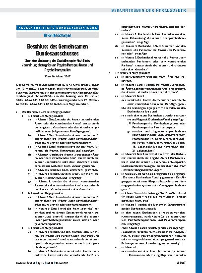 Vorschauseite 1: Beschluss des Gemeinsamen Bundesausschusses über eine Änderung der Soziotherapie-Richtlinie: Verordnungsbefugnis von Psychotherapeutinnen und Psychotherapeuten