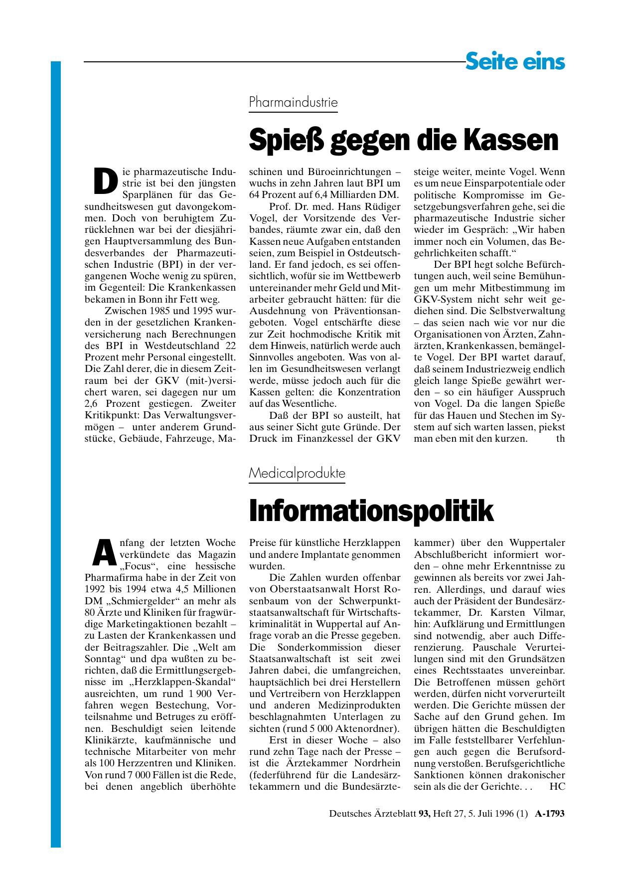 Vorschauseite 1: Pharmaindustrie: Spieß gegen die Kassen