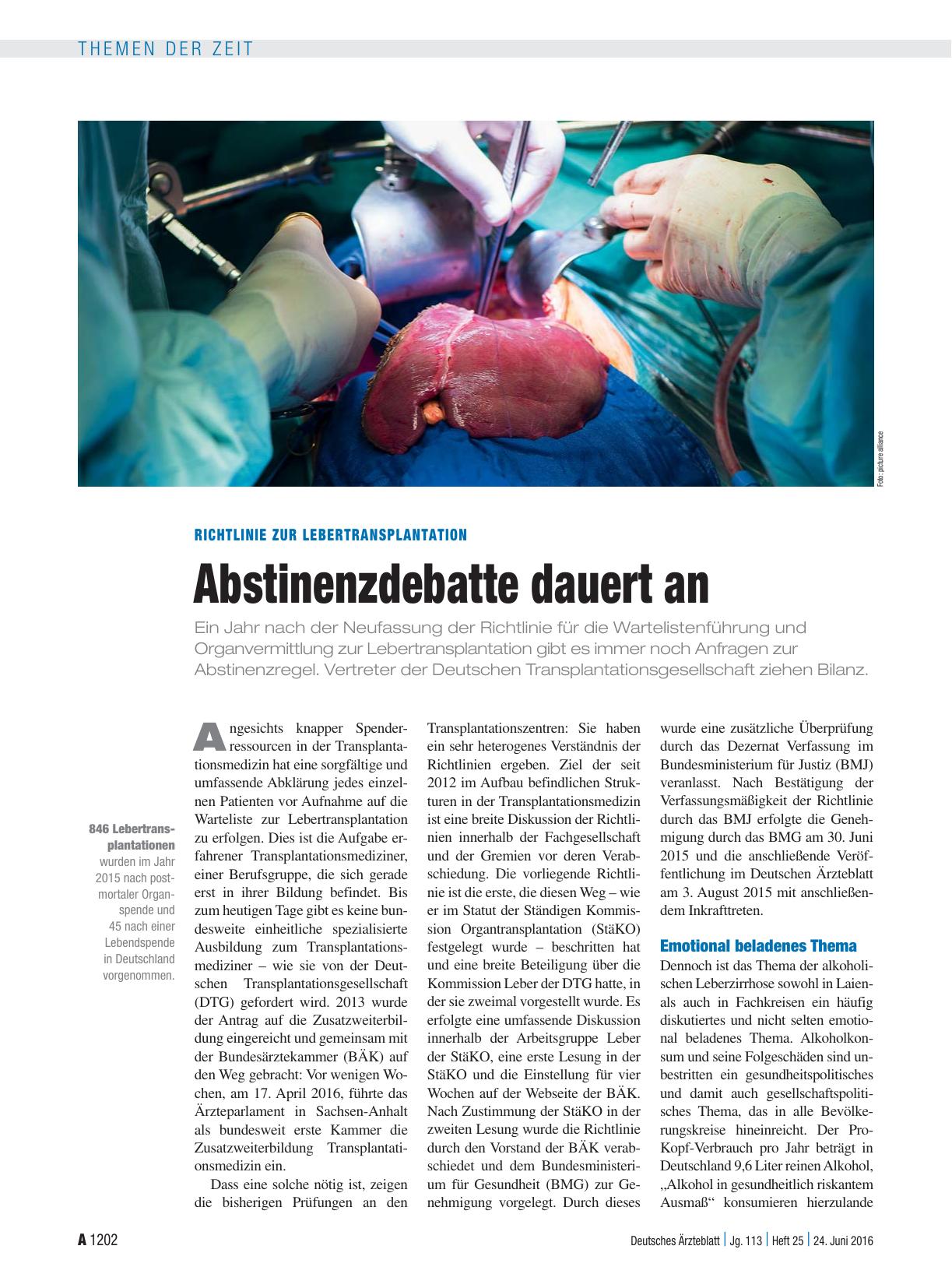 Vorschauseite 1: Richtlinie zur Lebertransplantation: Abstinenzdebatte dauert an