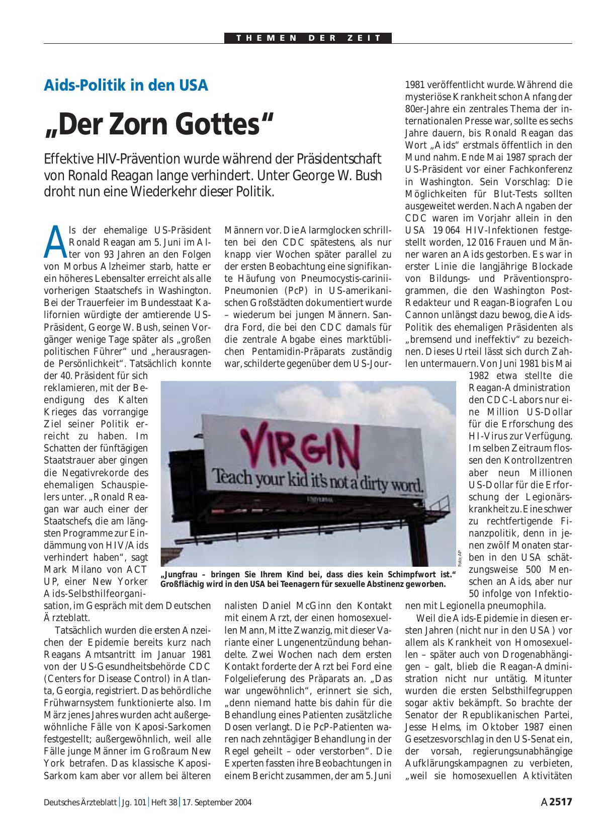 Vorschauseite 1: Aids-Politik in den USA: „Der Zorn Gottes“