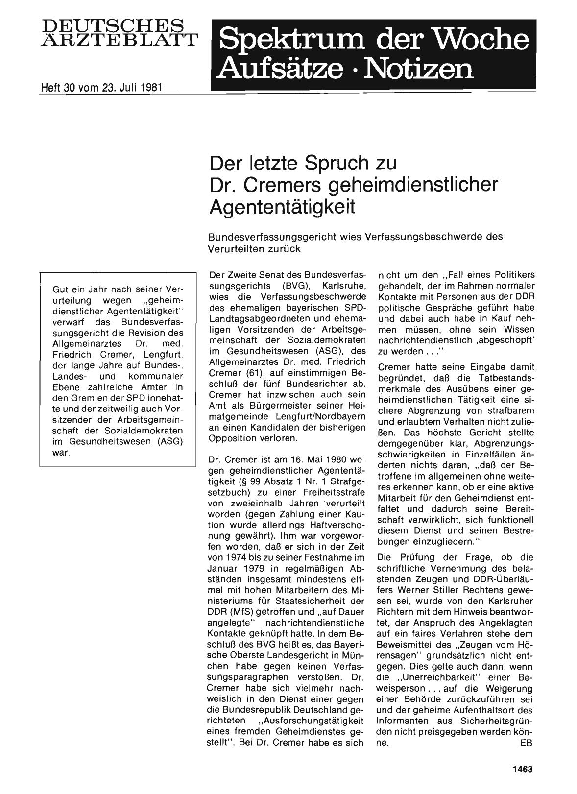 Vorschauseite 1: Der letzte Spruch zu Dr. Cremers geheimdienstlicher Agententätigkeit