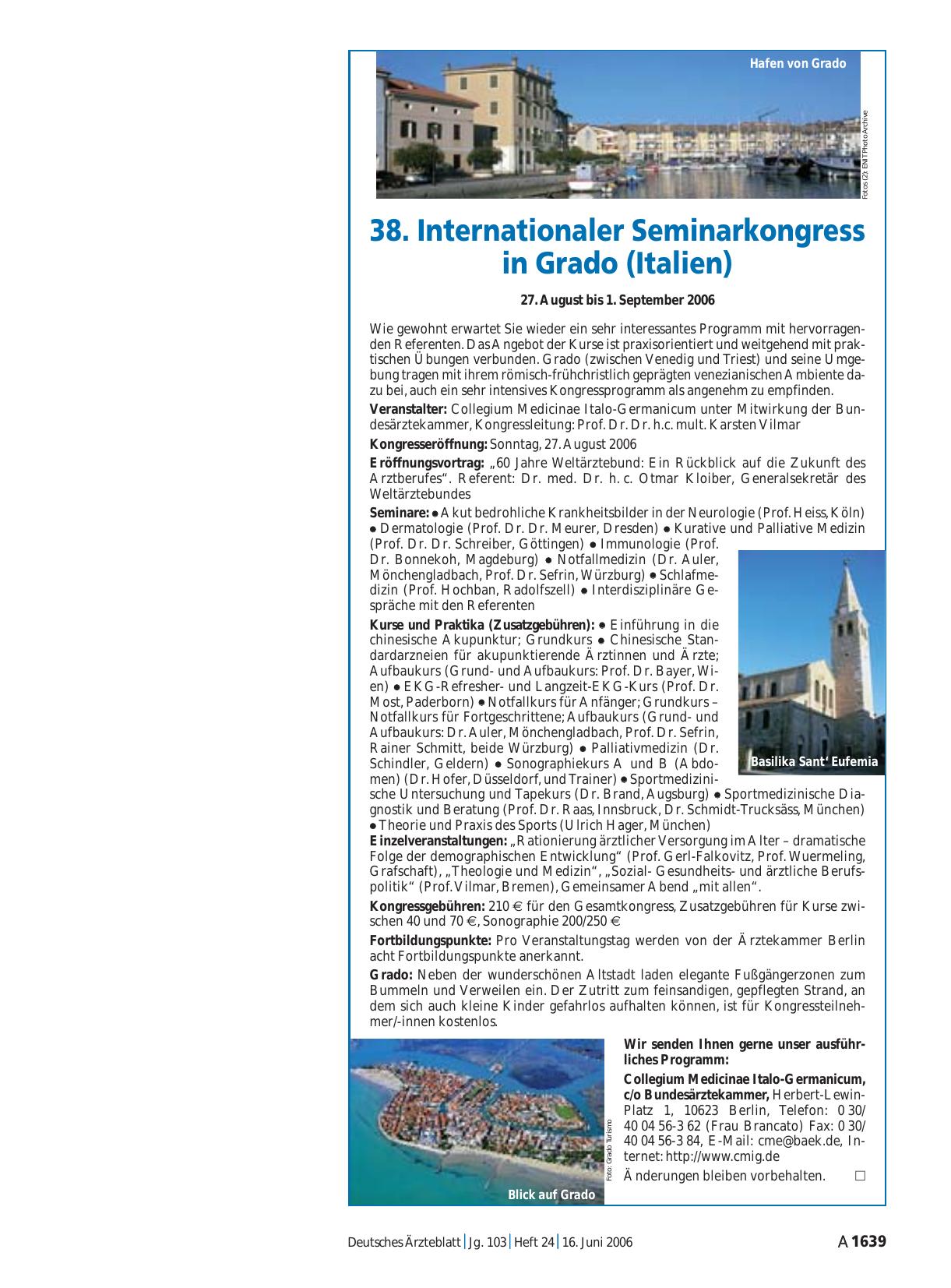 Vorschauseite 1: 38. Internationaler Seminarkongress in Grado (Italien): 27. August bis 1. September 2006