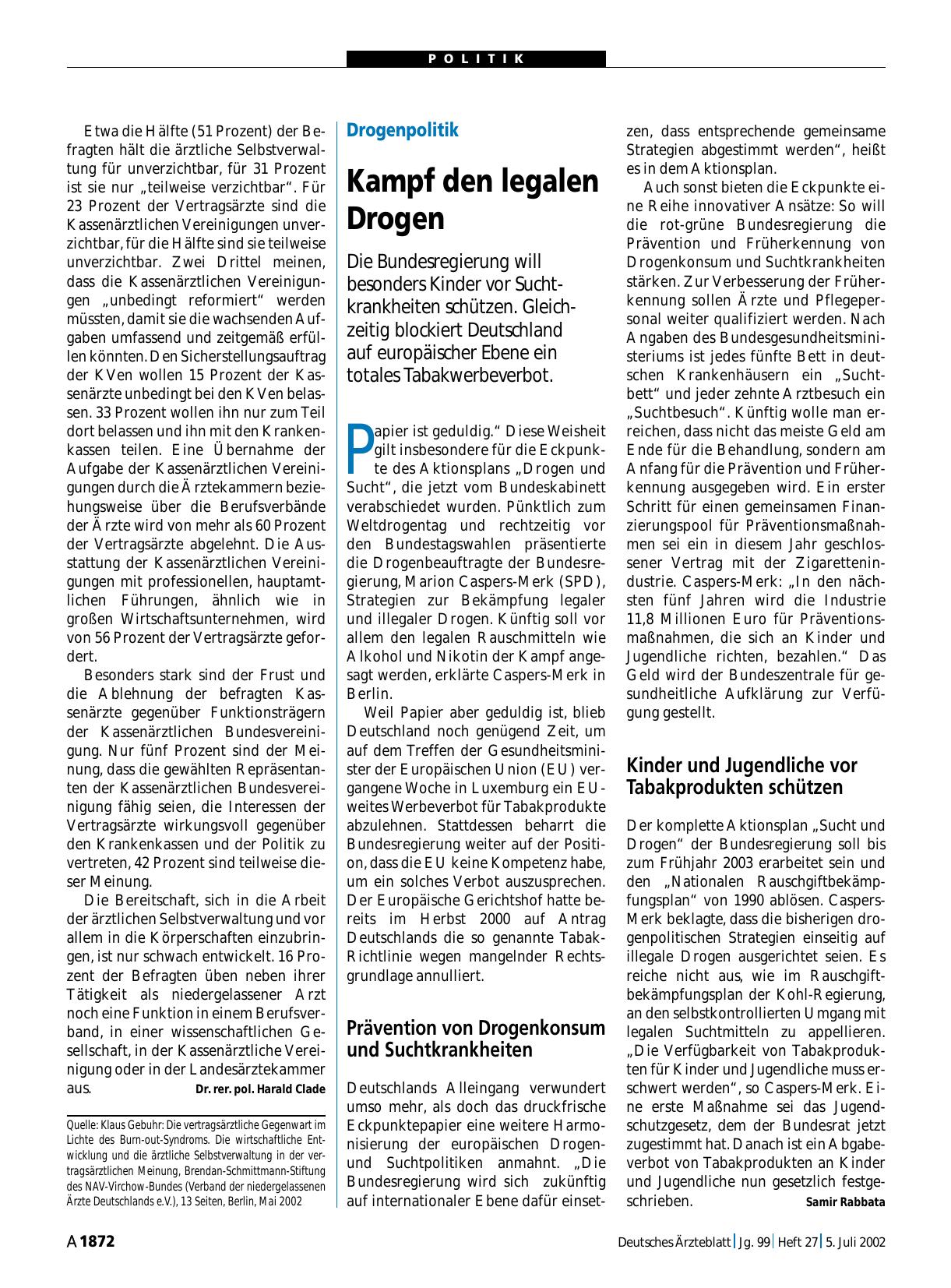 Vorschauseite 1: Drogenpolitik: Kampf den legalen Drogen