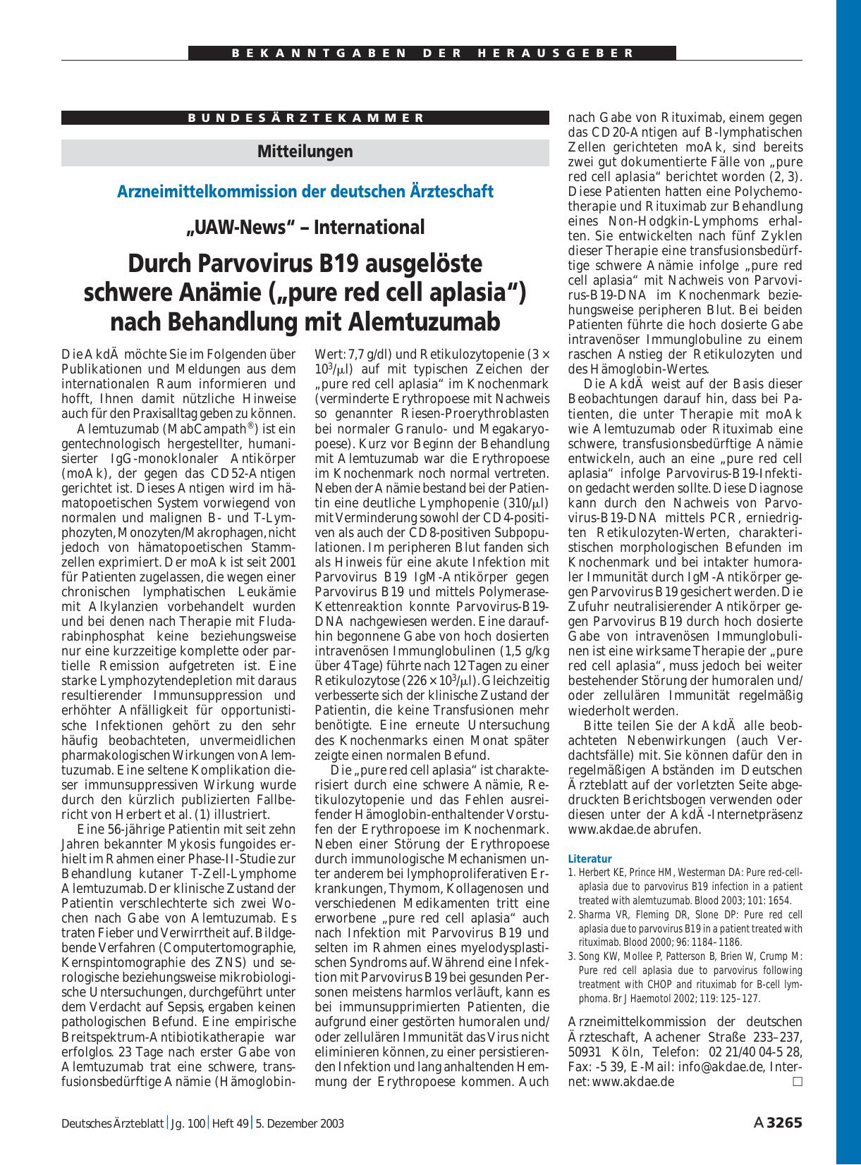 Vorschauseite 1: Mitteilungen: Durch Parvovirus B19 ausgelöste schwere Anämie („pure red cell aplasia“) nach Behandlung mit Alemtuzumab