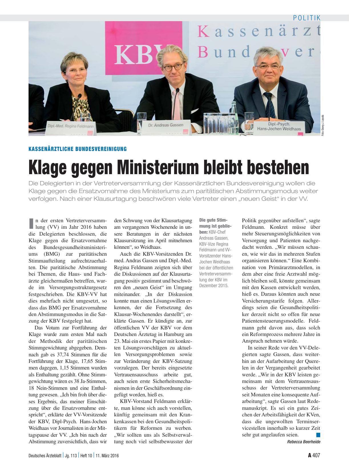 Vorschauseite 1: Kassenärztliche Bundesvereinigung: Klage gegen Ministerium bleibt bestehen