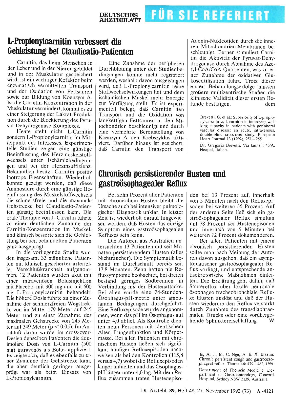 Vorschauseite 1: L-Propionylcarnitin verbessert die Gehleistung bei Claudicatio-Patienten