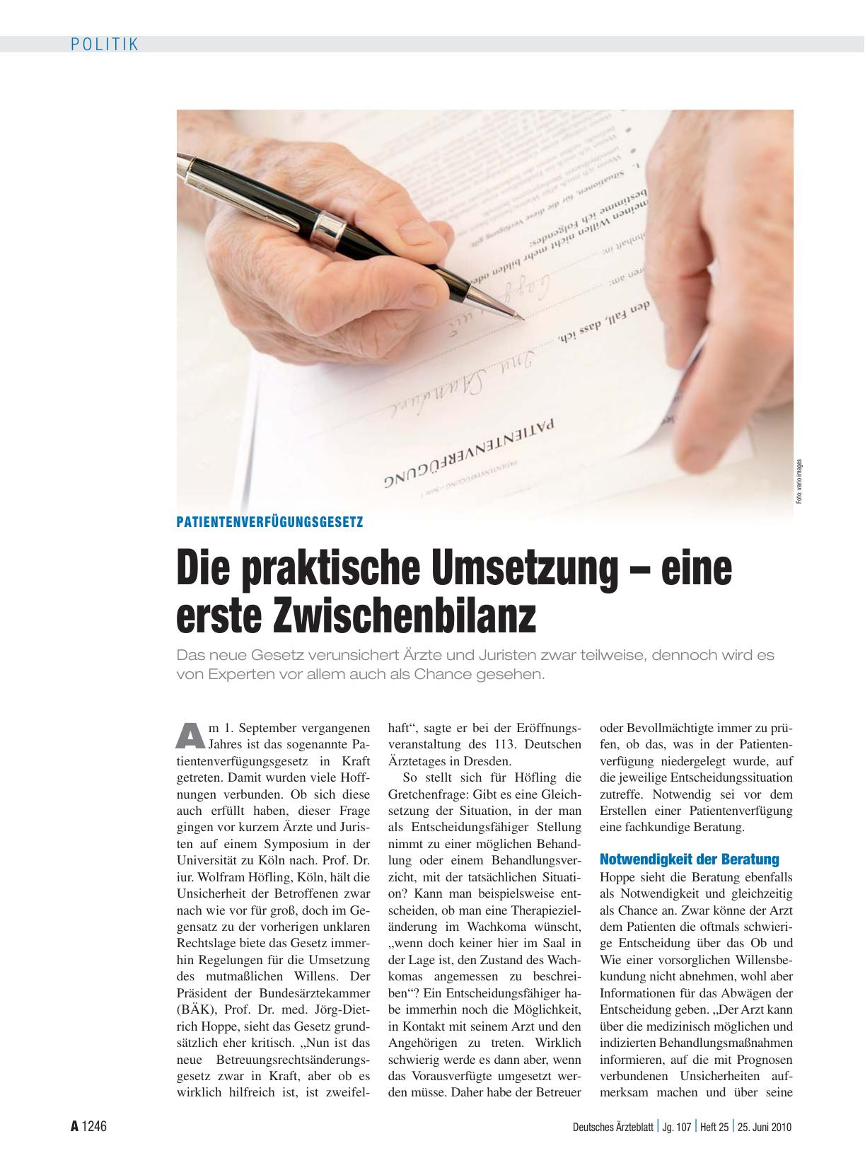 Vorschauseite 1: Patientenverfügungsgesetz: Die praktische Umsetzung – eine erste Zwischenbilanz