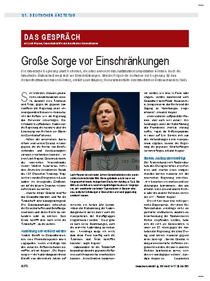 Vorschauseite 1: Das Gespräch mit Leah Wapner, Generalsekretärin des israelischen Ärzteverbandes: Große Sorge vor Einschränkungen