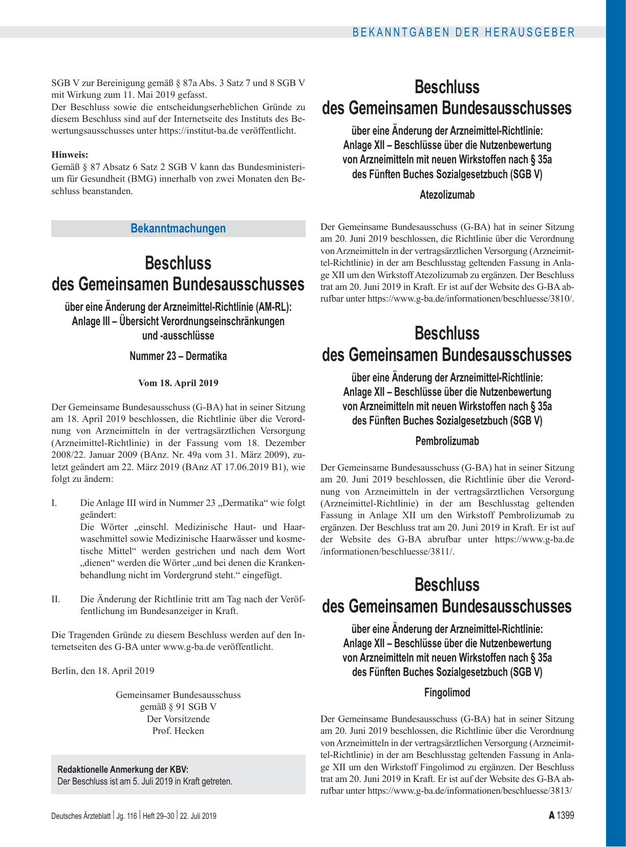 Vorschauseite 1: Beschluss des Gemeinsamen Bundesausschusses über eine Änderung der Arzneimittel-Richtlinie: Anlage XII – Pembrolizumab