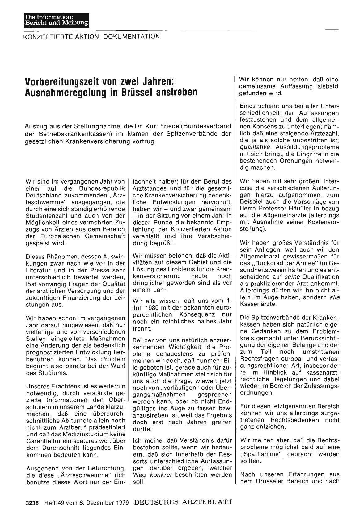Vorschauseite 1: KONZERTIERTE AKTION: DOKUMENTATION: Vorbereitungszeit von zwei Jahren: Ausnahmeregelung in Brüssel anstreben - Auszug aus der Stellungnahme, die Dr. Kurt Friede (Bundesverband der…