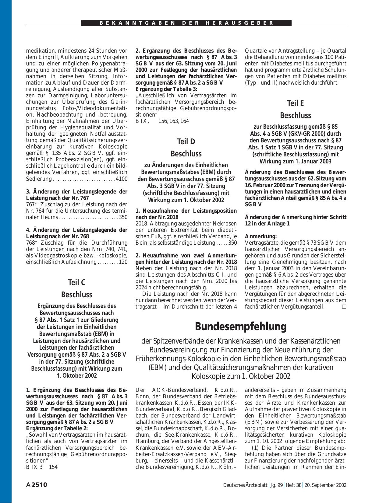 Vorschauseite 1: Bundesempfehlung der Spitzenverbände der Krankenkassen und der Kassenärztlichen Bundesvereinigung zur Finanzierung der Neueinführung der Früherkennungs-Koloskopie in den Einheitli…