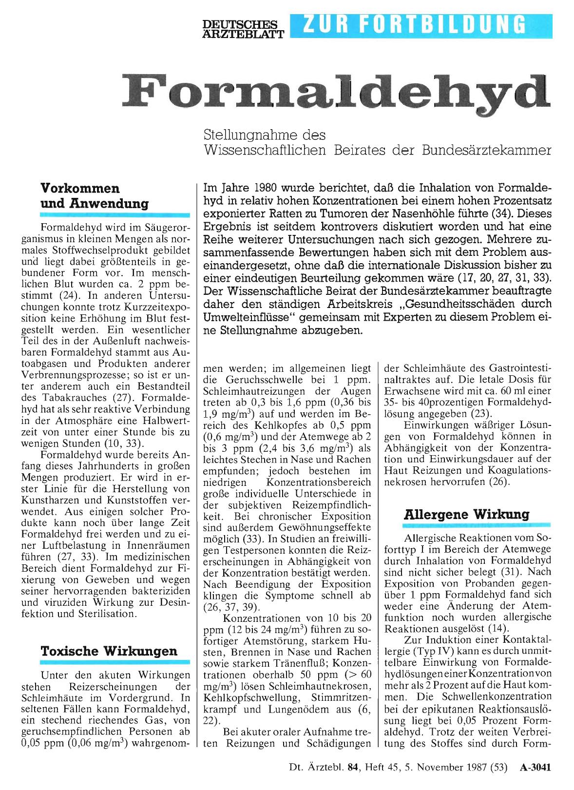 Vorschauseite 1: Formaldehyd – Stellungnahme des Wissenschaftlichen Beirates der Bundesärztekammer