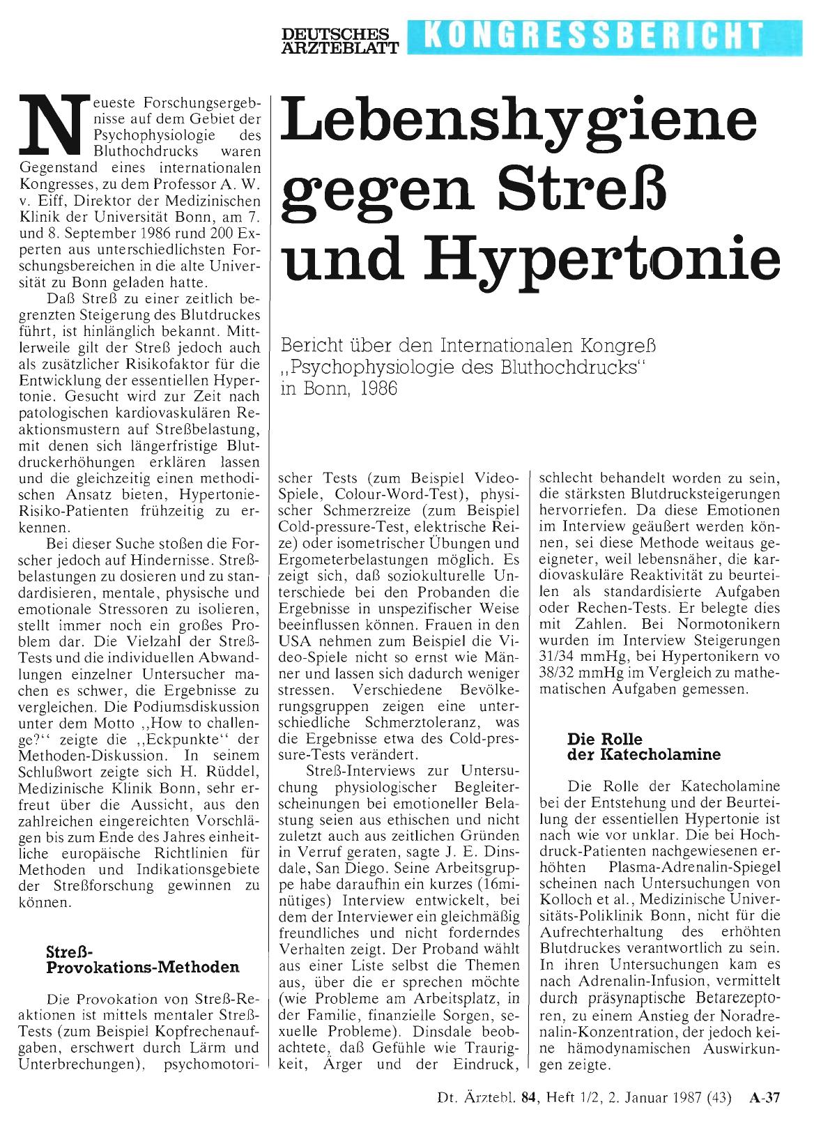 Vorschauseite 1: Lebenshygiene gegen Streß und Hypertonie: Bericht über den Internationalen Kongreß „Psychophysiologie des Bluthochdrucks“ in Bonn, 1986