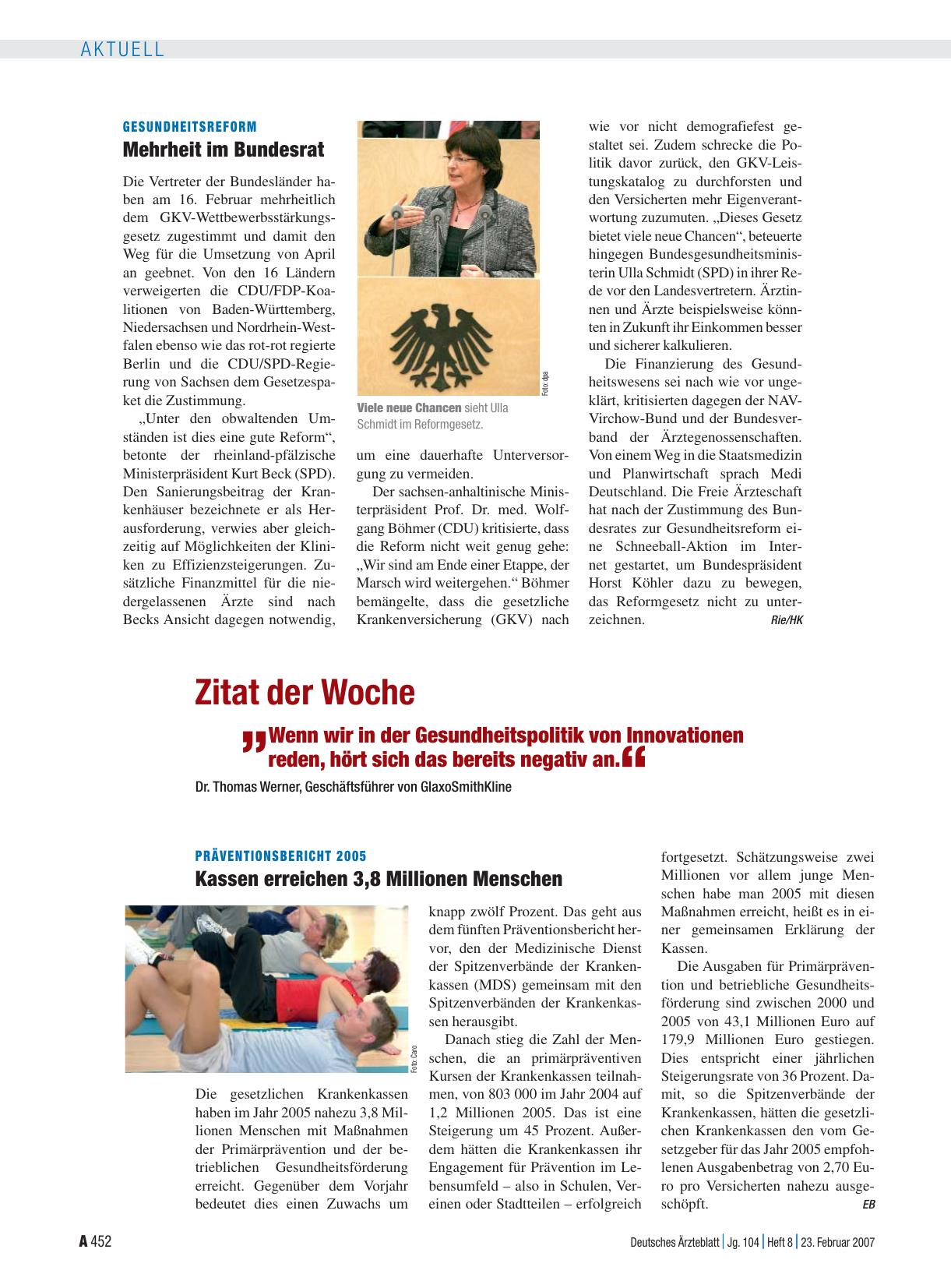 Vorschauseite 1: Präventionsbericht 2005: Kassen erreichen 3, 8 Millionen Menschen