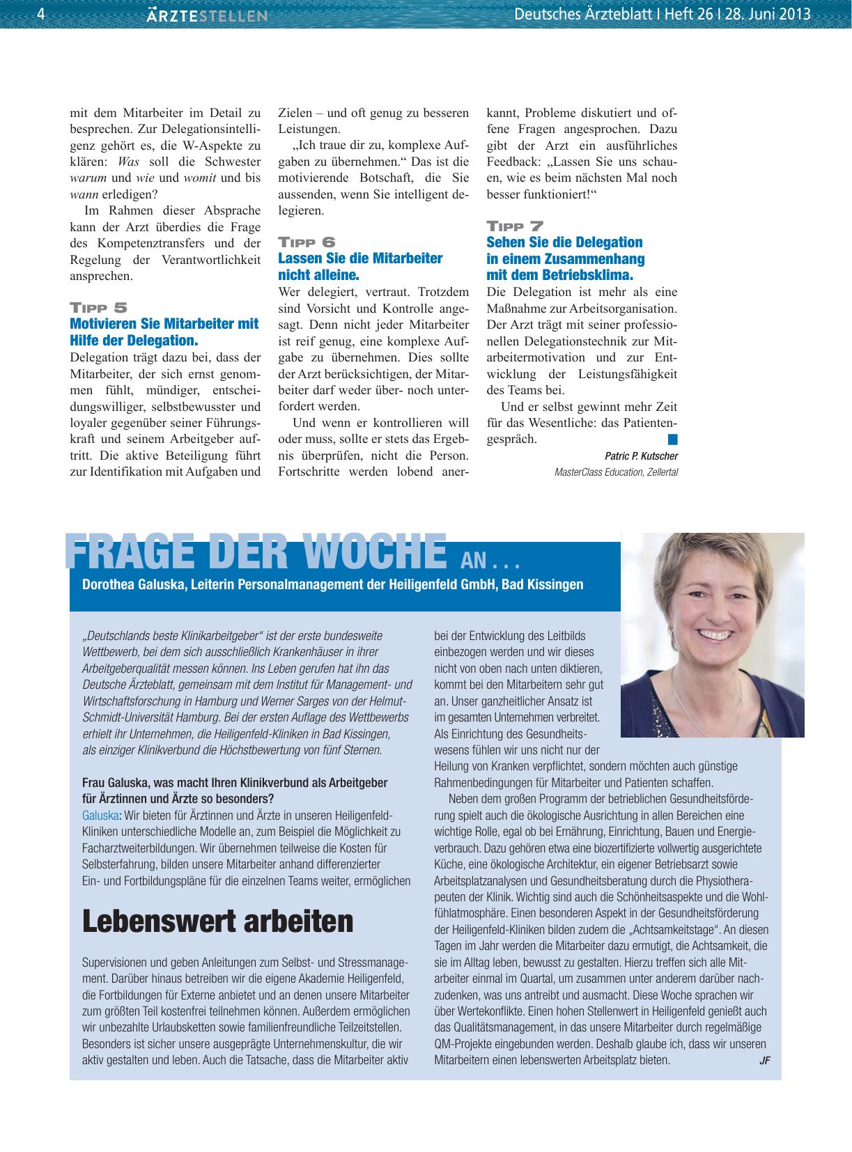 Vorschauseite 1: Frage der Woche an. .. Dorothea Galuska, Leiterin Personalmanagement der Heiligenfeld GmbH, Bad Kissingen