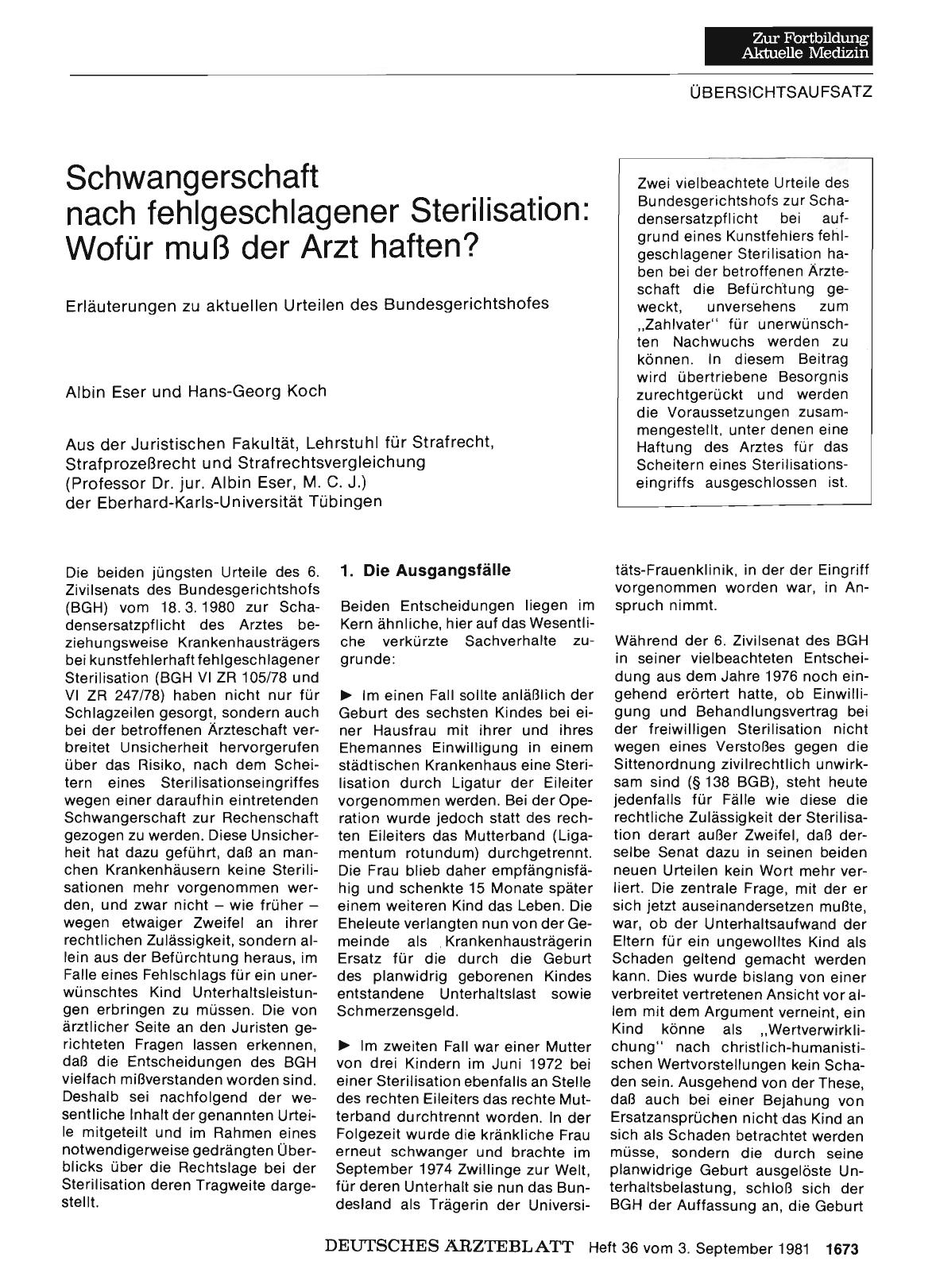 Vorschauseite 1: Schwangerschaft nach fehlgeschlagener Sterilisation: Wofür muß der Arzt haften?