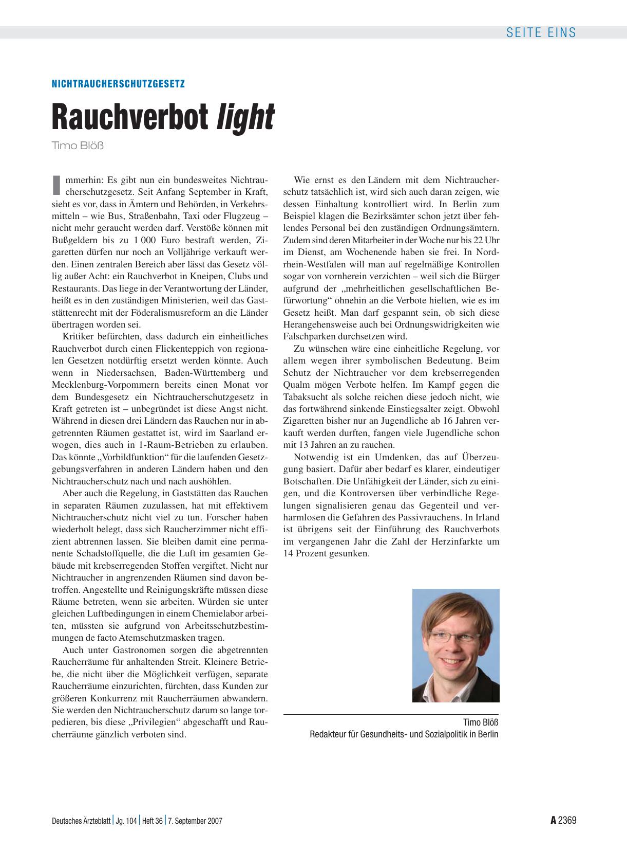 Vorschauseite 1: Nichtraucherschutzgesetz: Rauchverbot light