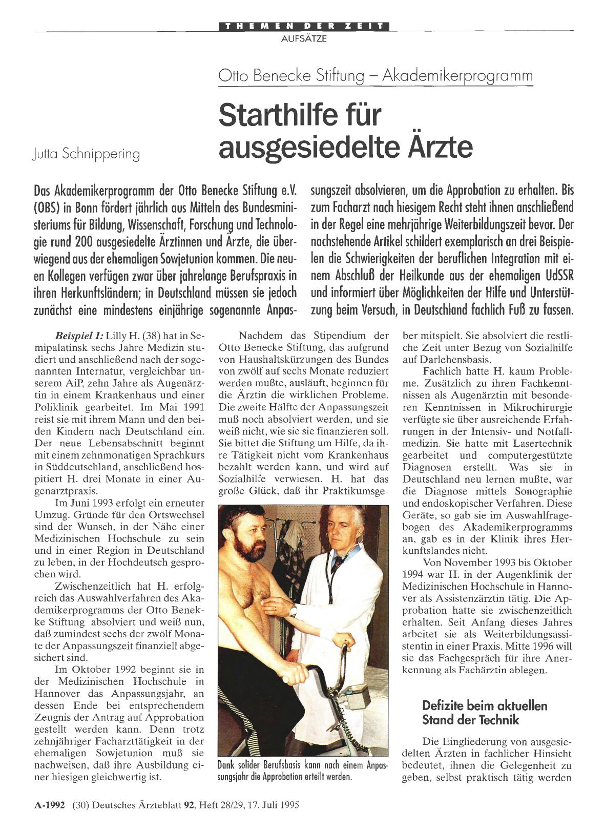 Vorschauseite 1: Otto Benecke Stiftung — Akademikerprogramm: Starthilfe für ausgesiedelte Ärzte
