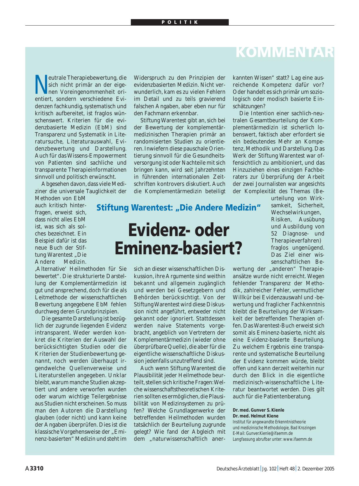 Vorschauseite 1: Stiftung Warentest: „Die Andere Medizin“: Evidenzoder Eminenz-basiert?