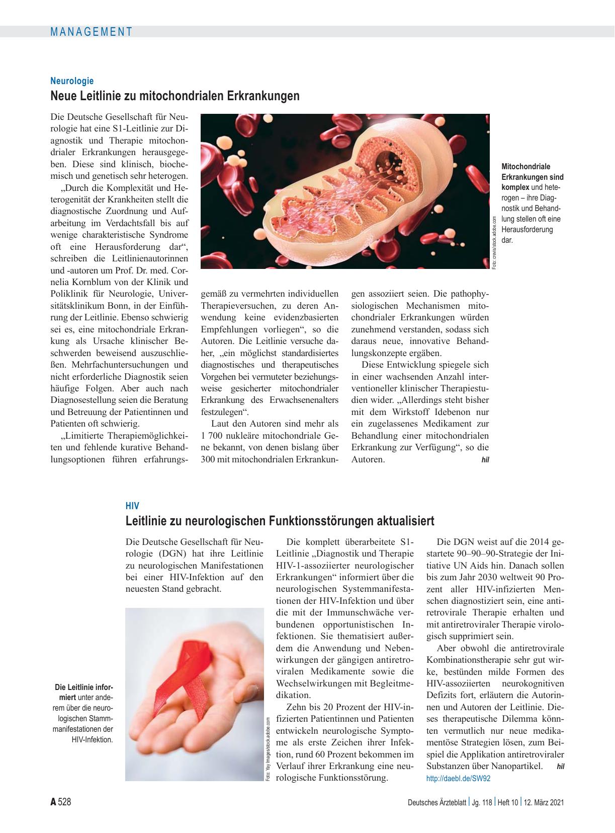 Vorschauseite 1: Neurologie: Neue Leitlinie zu mitochondrialen Erkrankungen