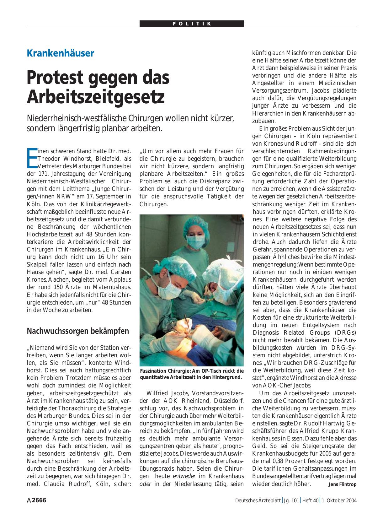 Vorschauseite 1: Krankenhäuser: Protest gegen das Arbeitszeitgesetz