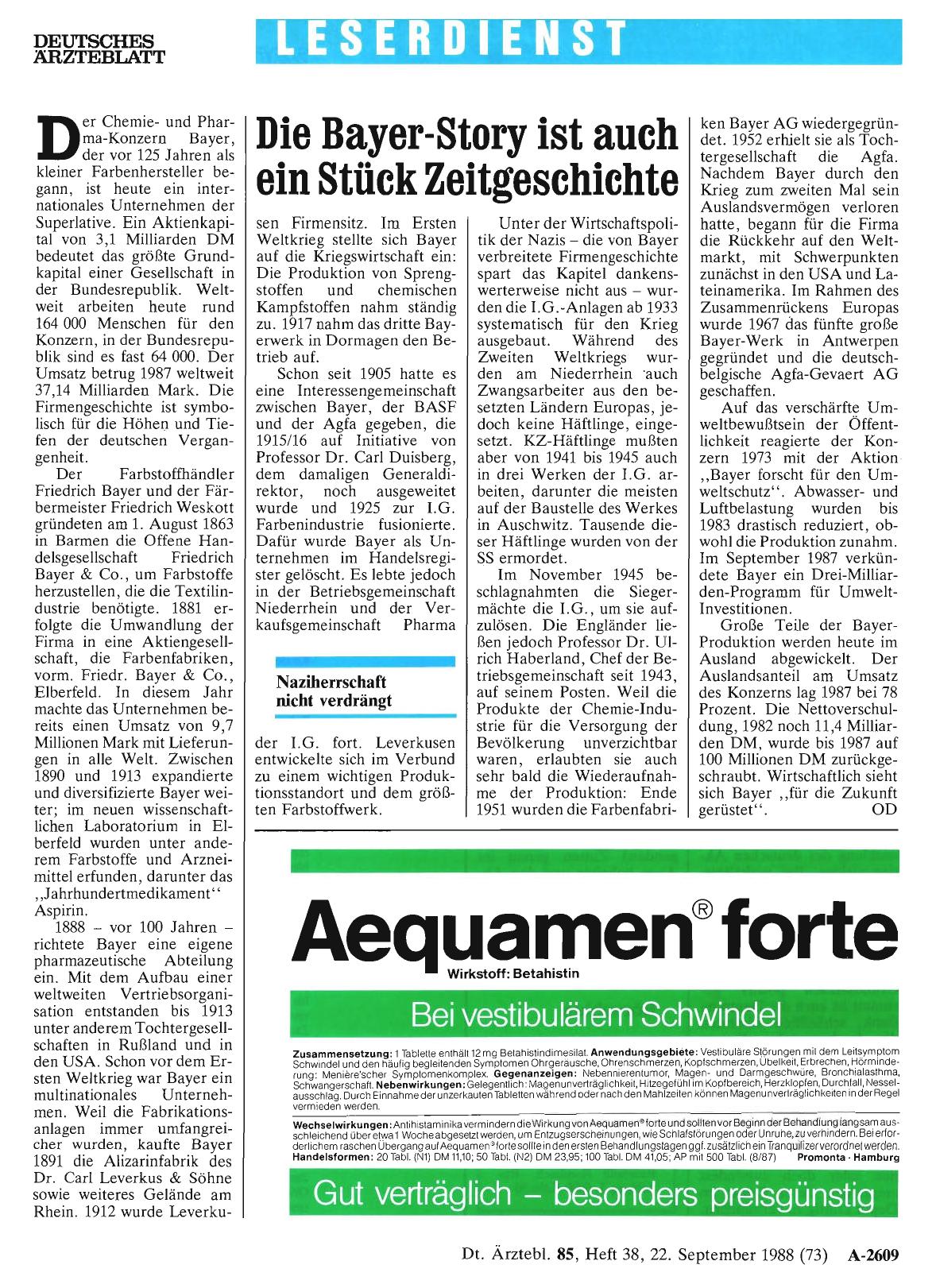 Vorschauseite 1: Die Bayer-Story ist auch ein Stück Zeitgeschichte