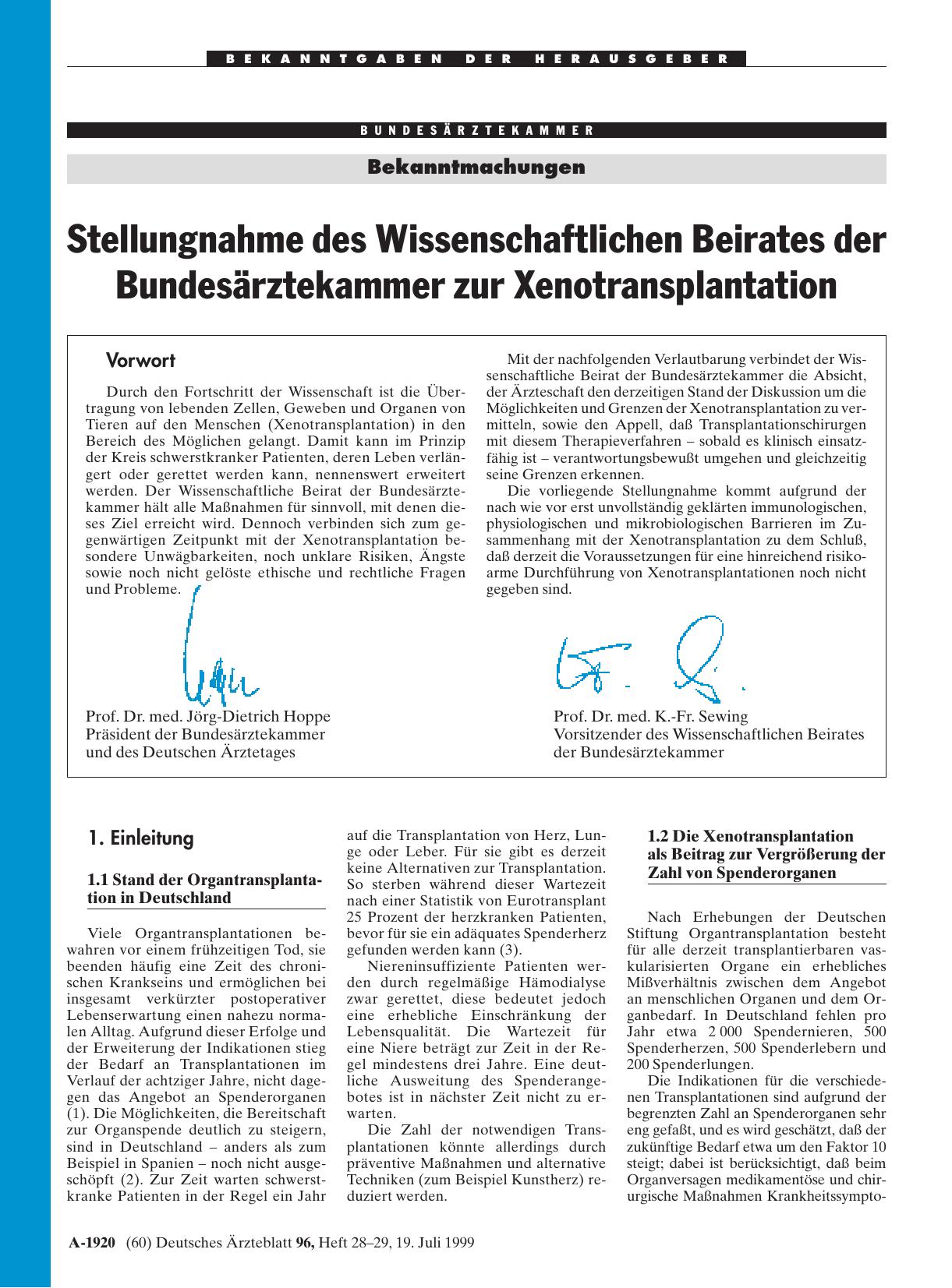 Vorschauseite 1: Stellungnahme des Wissenschaftlichen Beirates der Bundesärztekammer zur Xenotransplantation