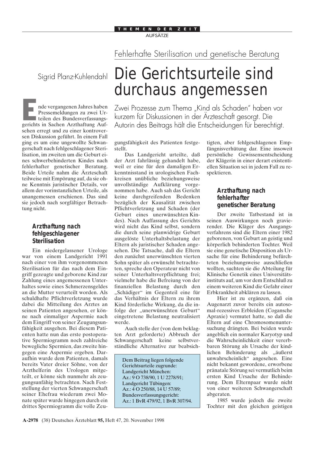 Vorschauseite 1: Fehlerhafte Sterilisation und genetische Beratung: Die Gerichtsurteile sind durchaus angemessen