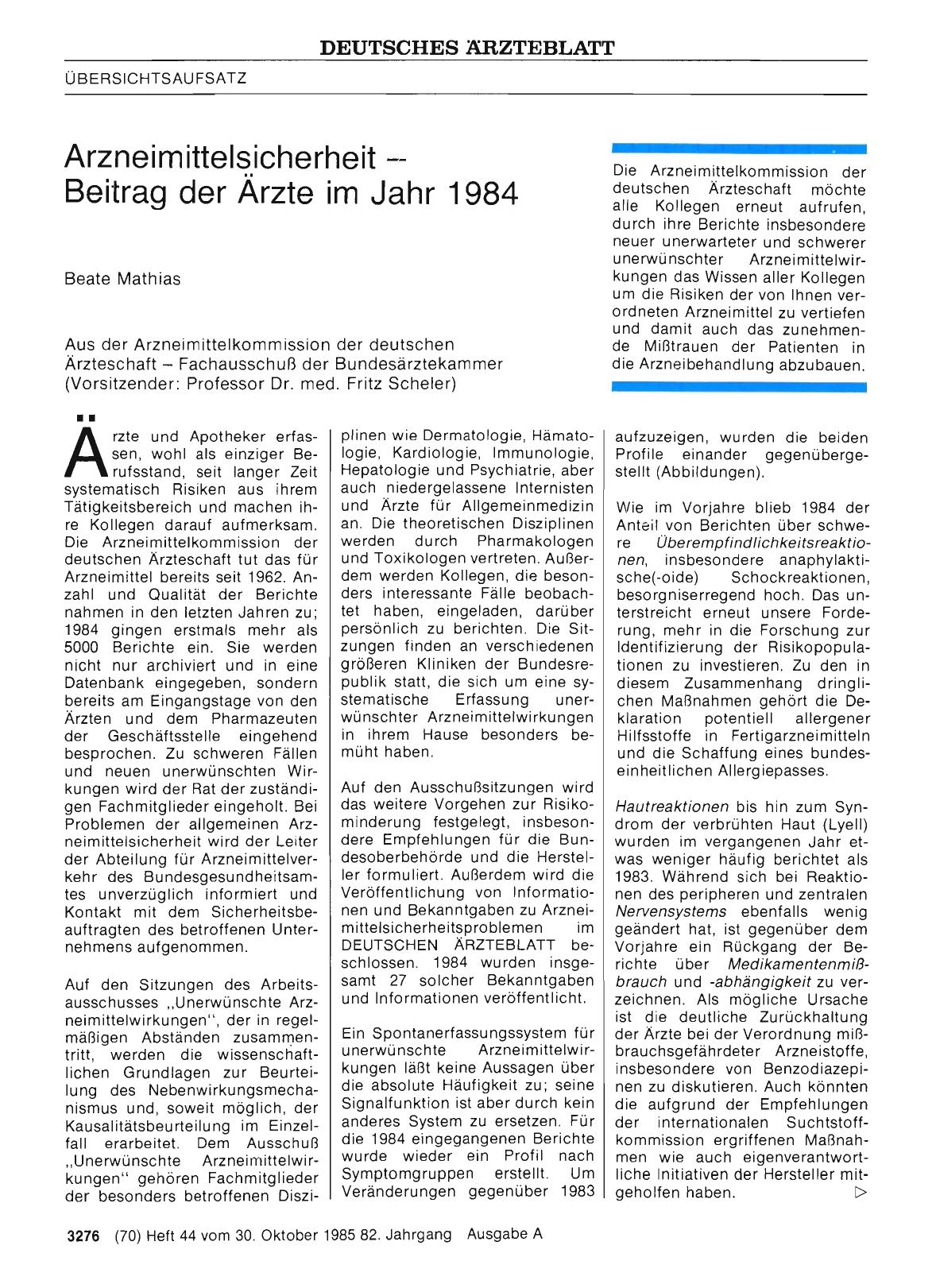 Vorschauseite 1: Arzneimittelsicherheit -- Beitrag der Ärzte im Jahr 1984