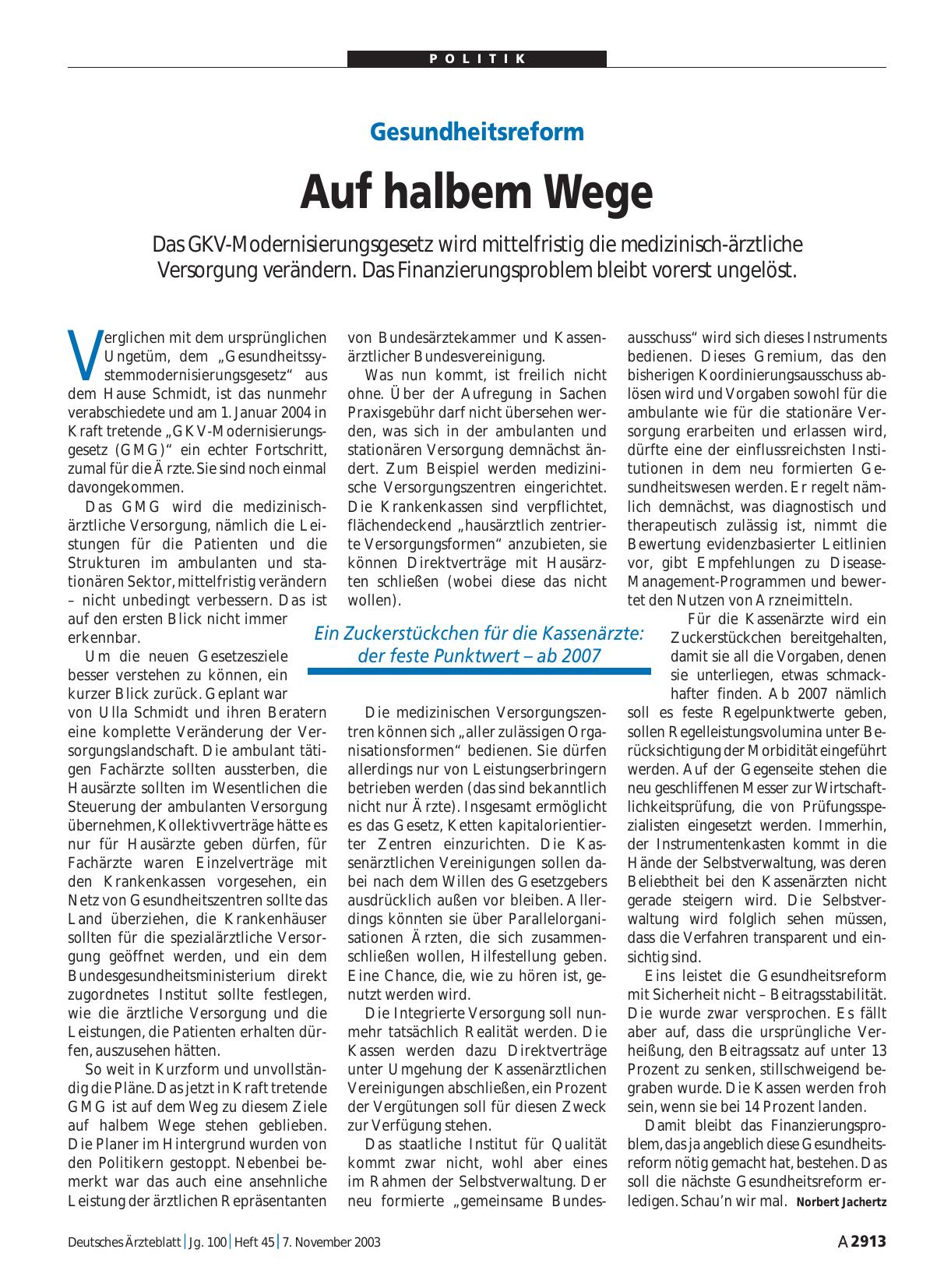 Vorschauseite 1: Gesundheitsreform: Auf halbem Wege