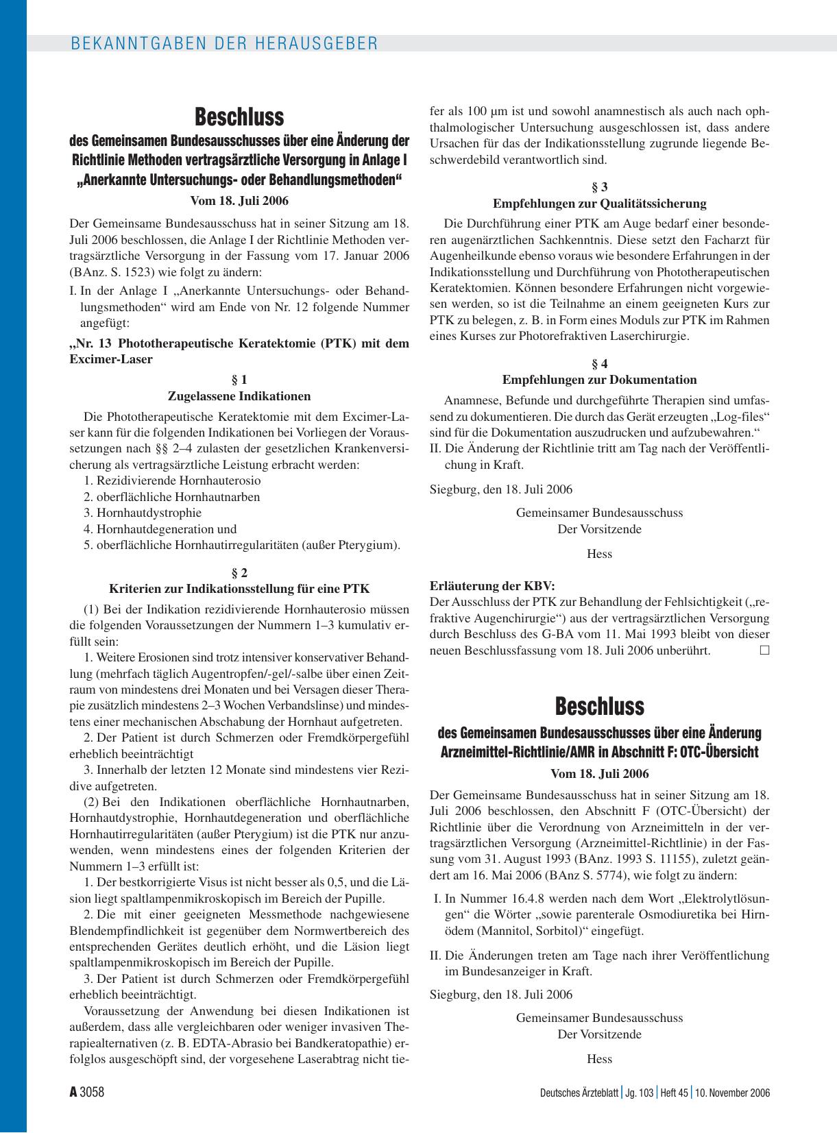 Vorschauseite 1: Beschluss des Gemeinsamen Bundesausschusses über eine Änderung Arzneimittel-Richtlinie/AMR in Abschnitt F: OTC-Übersicht Vom 18. Juli 2006