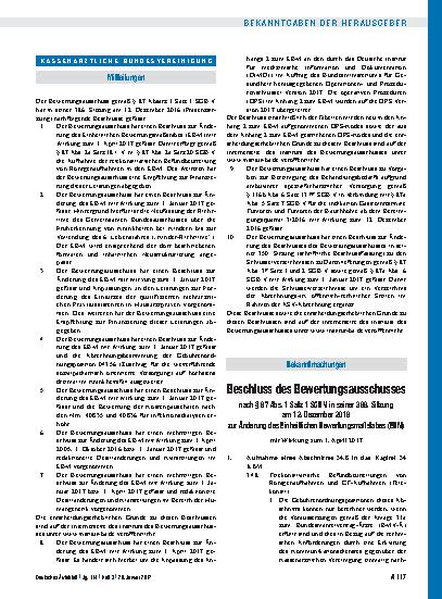 Vorschauseite 1: Beschluss des Bewertungsausschusses nach § 87 Abs. 1 Satz 1 SGB V in seiner 386. Sitzung am 12. Dezember 2016 zur Änderung des Einheitlichen Bewertungsmaßstabes (EBM)