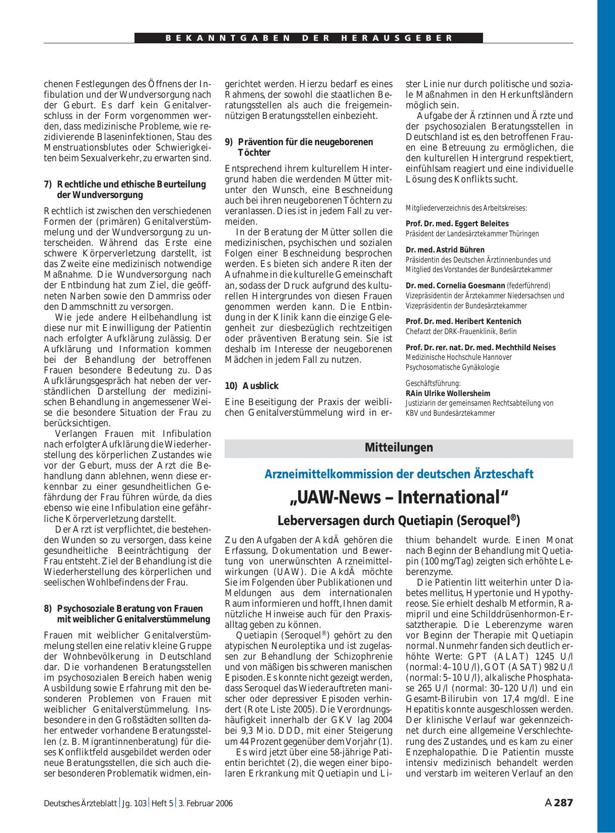 Vorschauseite 1: Arzneimittelkommission der deutschen Ärzteschaft: „UAW-News – International“ – Leberversagen durch Quetiapin (Seroquel®)