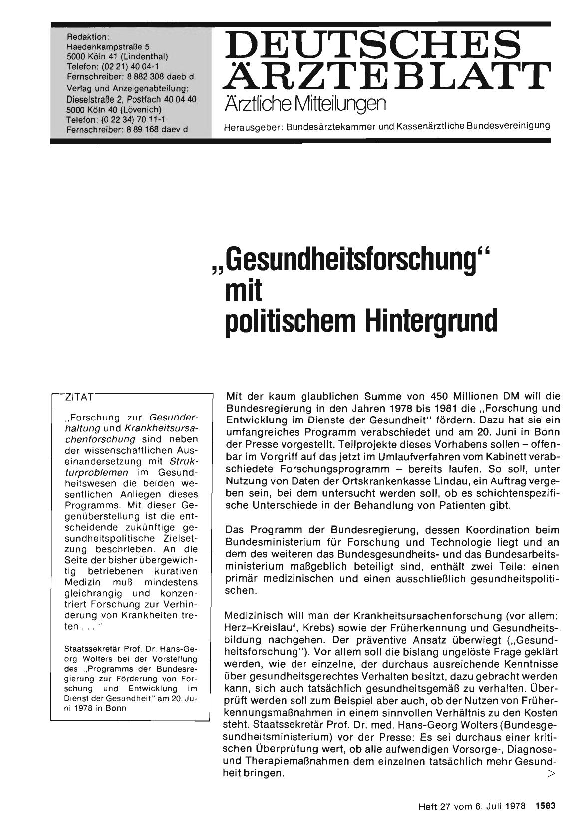 Vorschauseite 1: „Gesundheitsforschung“ mit politischem Hintergrund